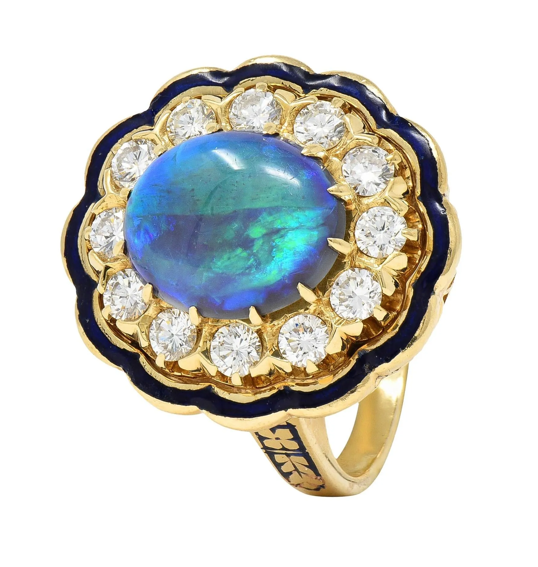 1960's Victorian Revival Black Opal Diamond Enamel 14 Karat Yellow Gold Vintage Halo Ring