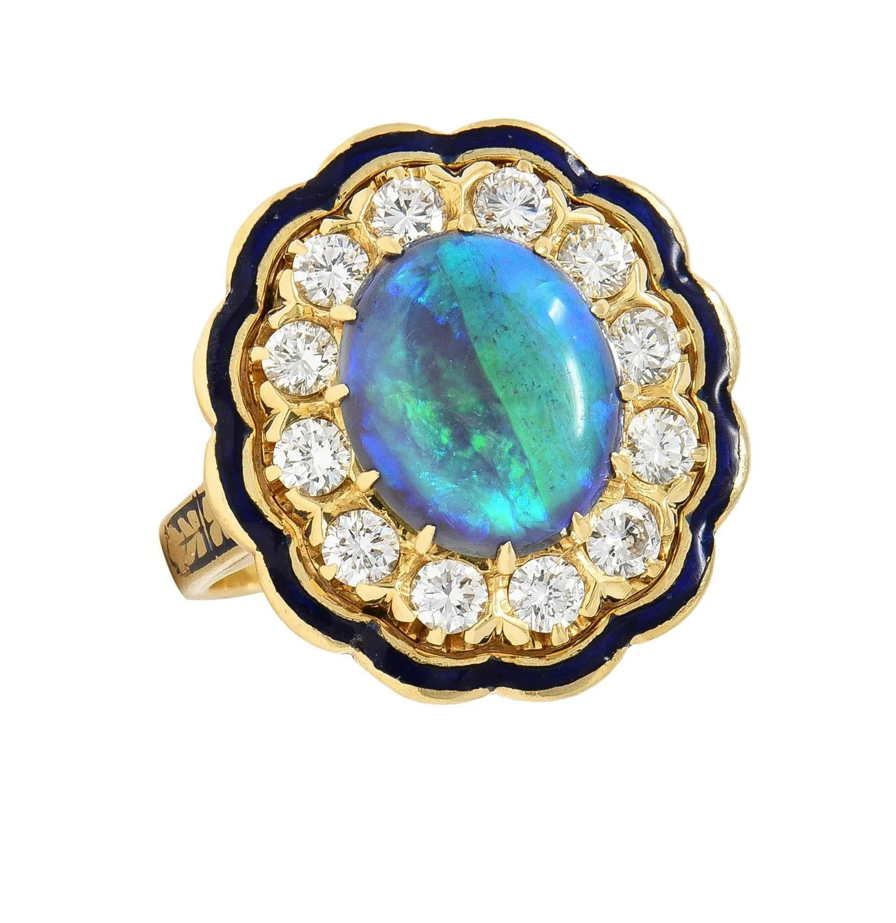 1960's Victorian Revival Black Opal Diamond Enamel 14 Karat Yellow Gold Vintage Halo Ring