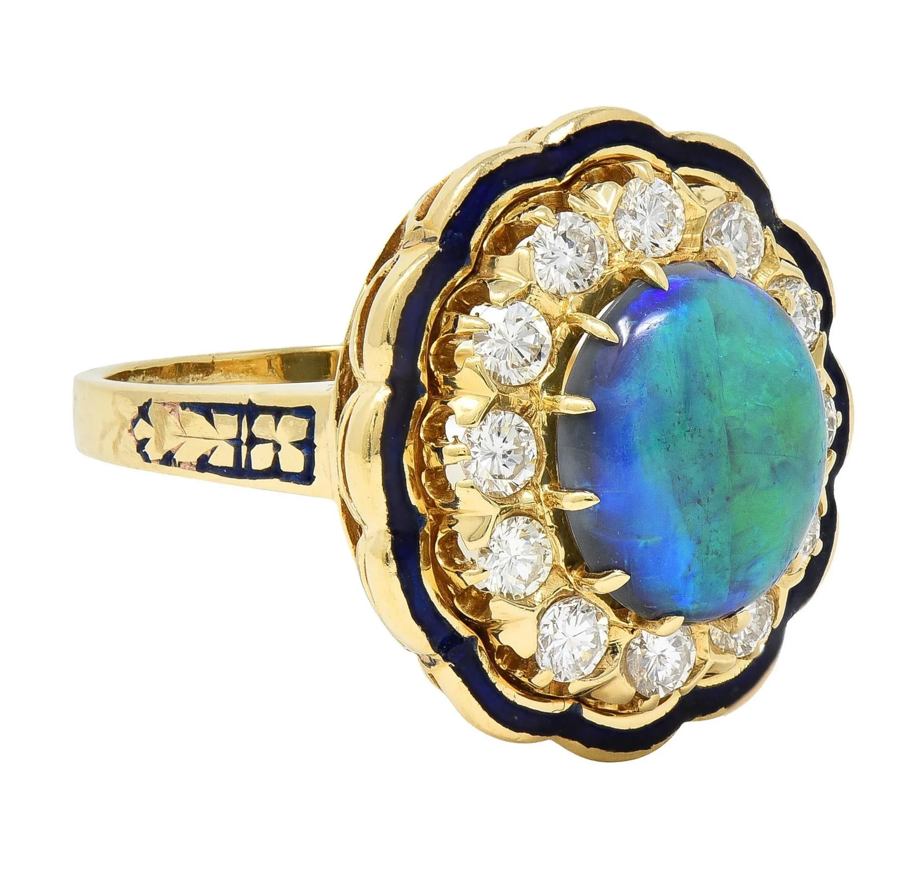 1960's Victorian Revival Black Opal Diamond Enamel 14 Karat Yellow Gold Vintage Halo Ring