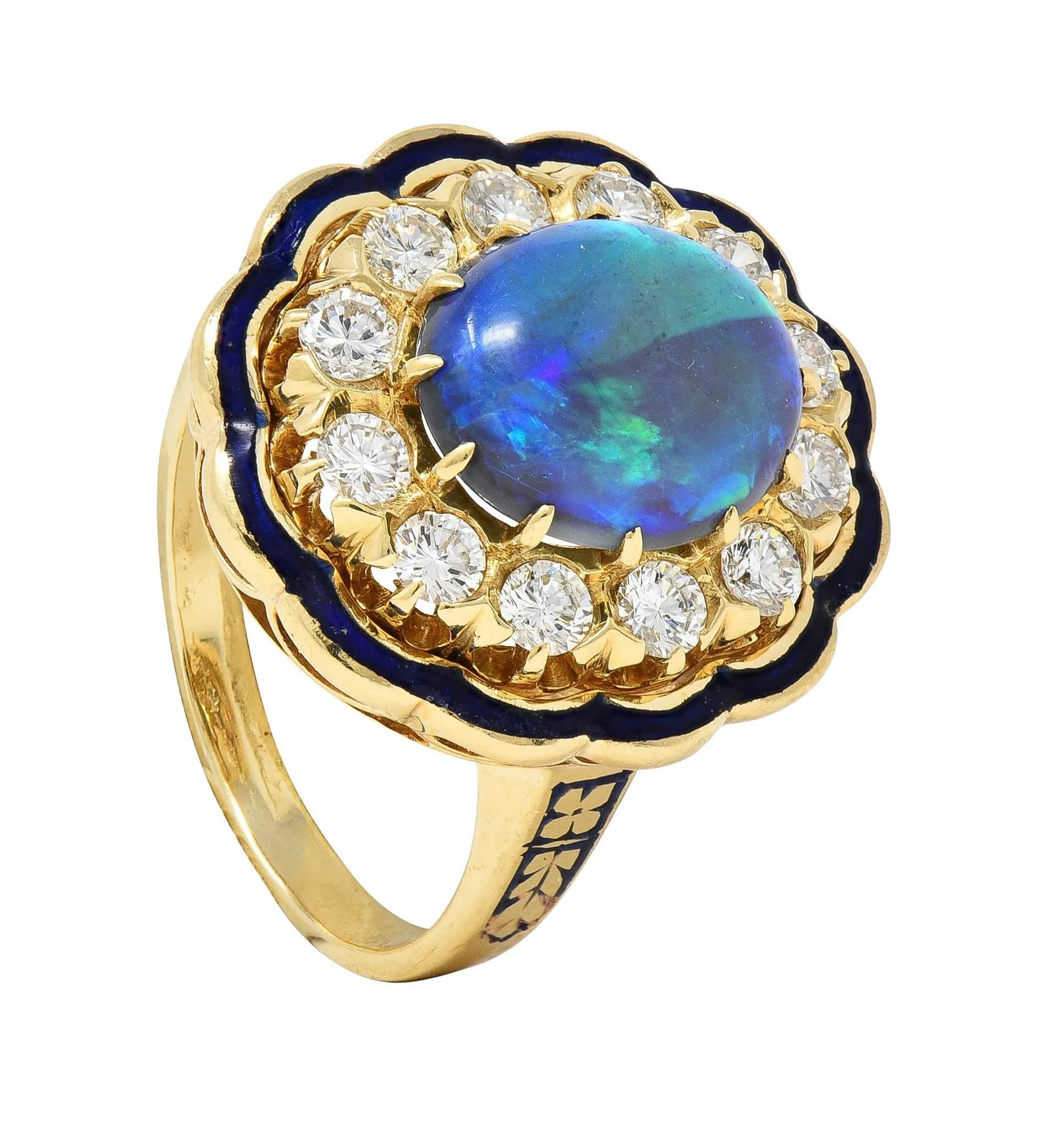 1960's Victorian Revival Black Opal Diamond Enamel 14 Karat Yellow Gold Vintage Halo Ring