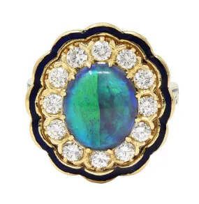 1960's Victorian Revival Black Opal Diamond Enamel 14 Karat Yellow Gold Vintage Halo Ring