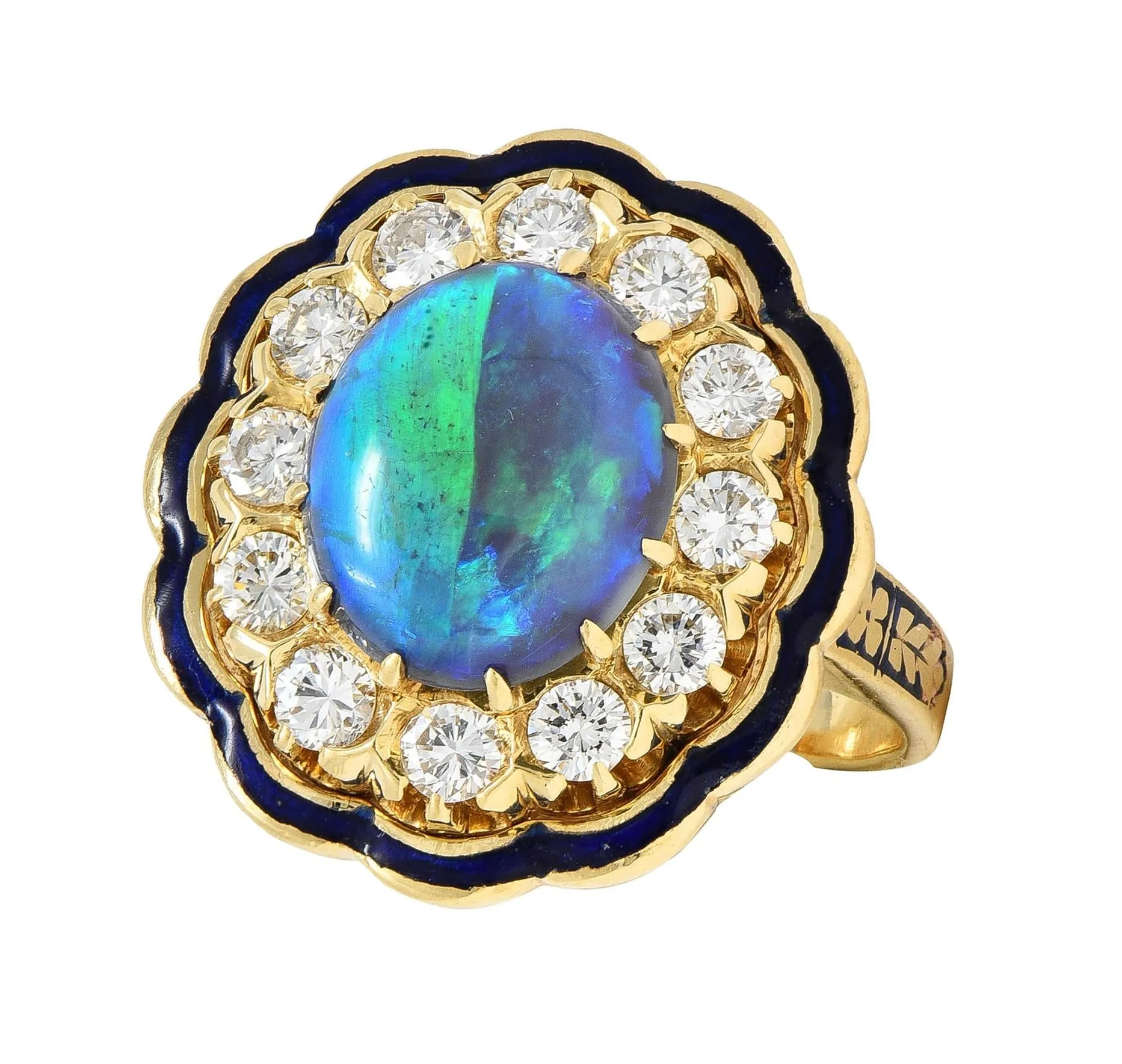 1960's Victorian Revival Black Opal Diamond Enamel 14 Karat Yellow Gold Vintage Halo Ring