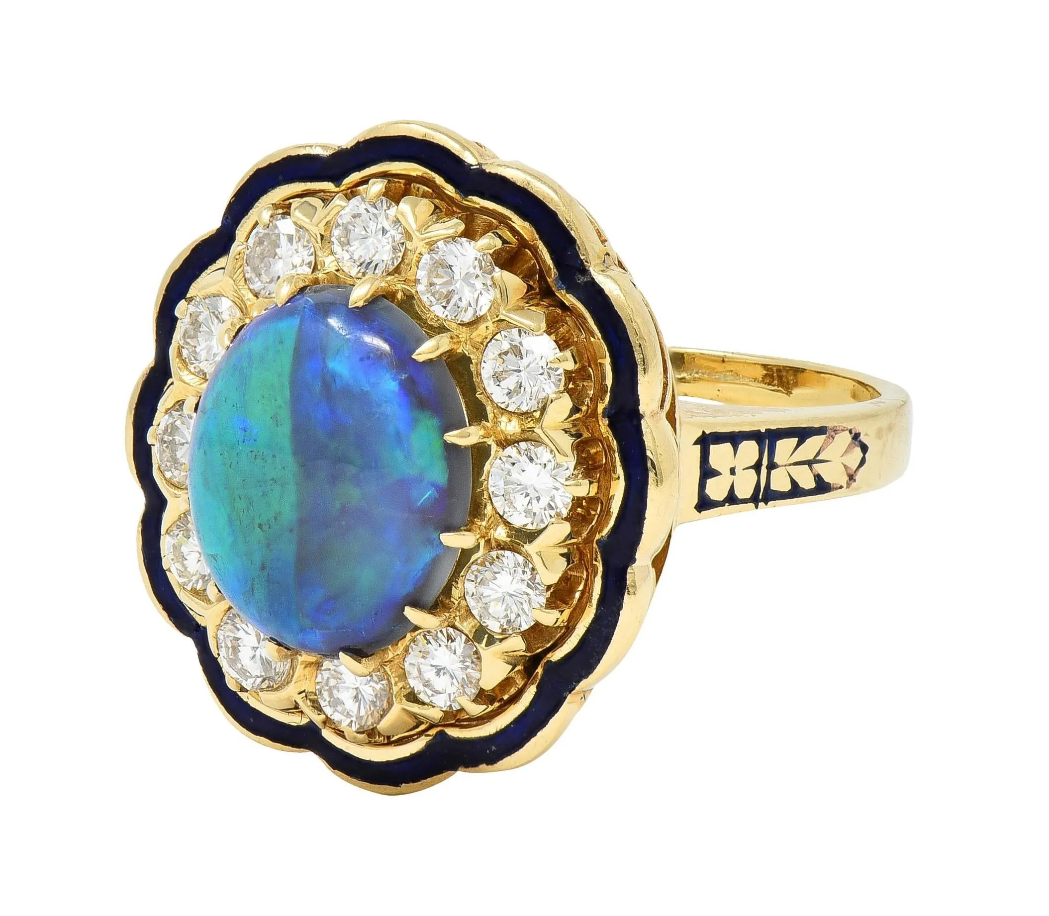 1960's Victorian Revival Black Opal Diamond Enamel 14 Karat Yellow Gold Vintage Halo Ring