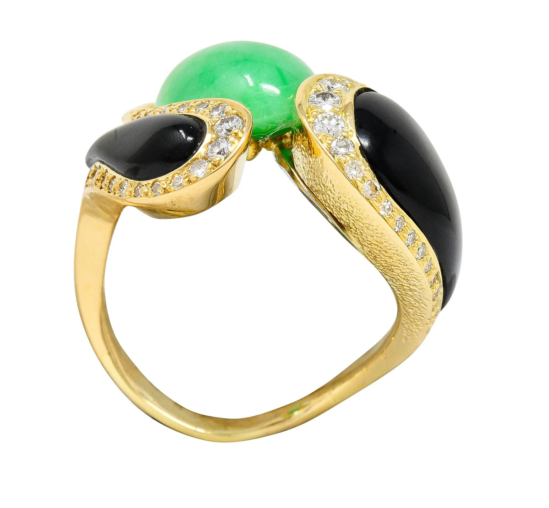 1980's Vintage Jade Onyx Diamond 18 Karat Two-Tone Gold Bypass Ring