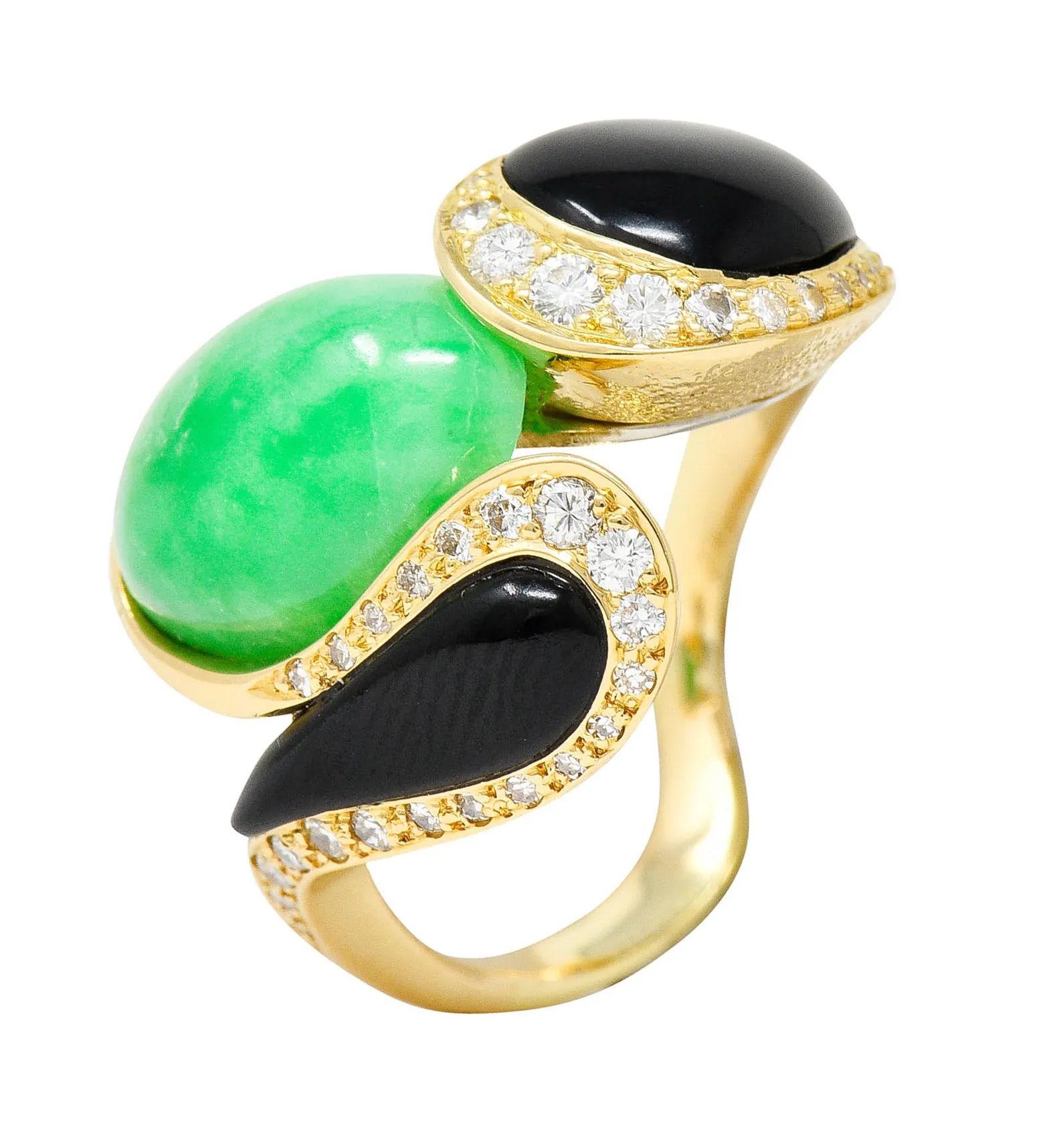 1980's Vintage Jade Onyx Diamond 18 Karat Two-Tone Gold Bypass Ring