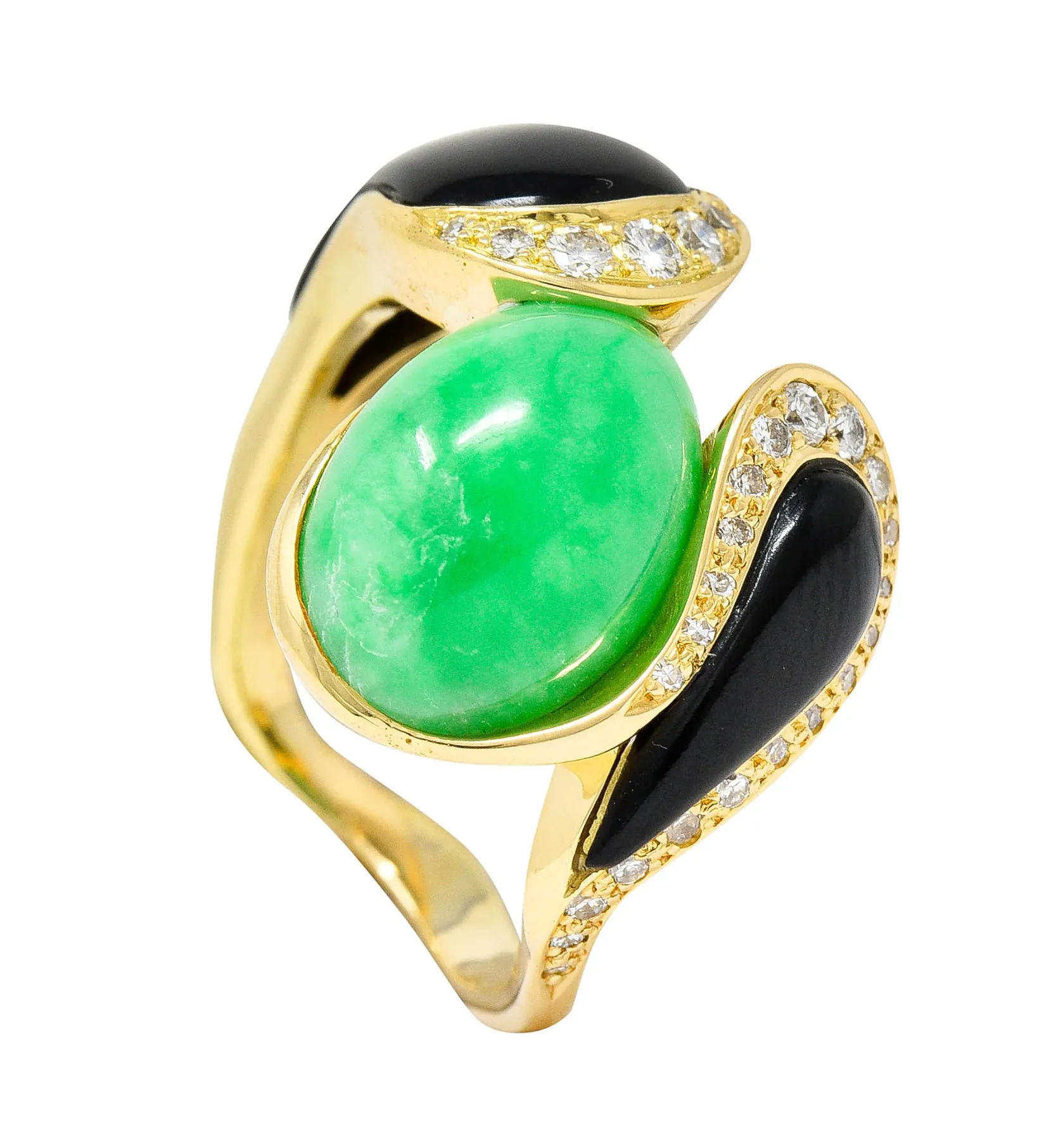 1980's Vintage Jade Onyx Diamond 18 Karat Two-Tone Gold Bypass Ring