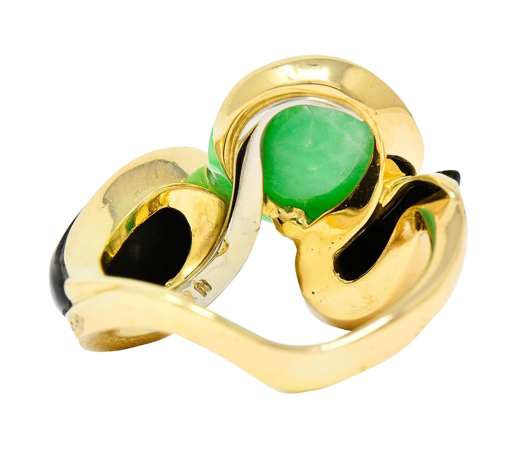 1980's Vintage Jade Onyx Diamond 18 Karat Two-Tone Gold Bypass Ring