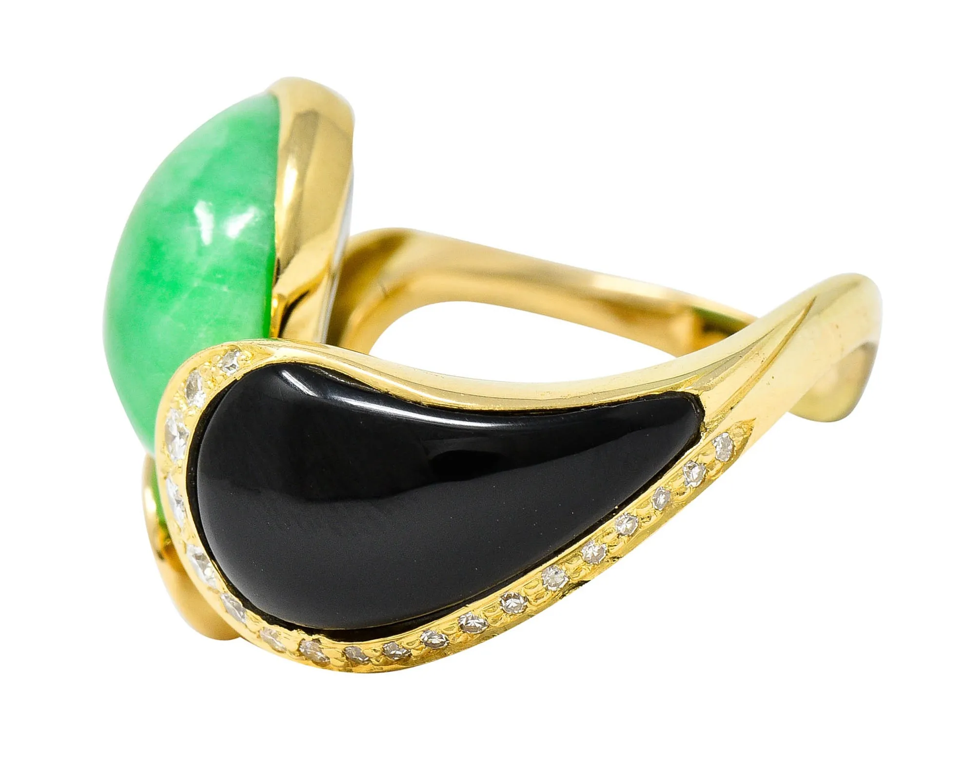 1980's Vintage Jade Onyx Diamond 18 Karat Two-Tone Gold Bypass Ring