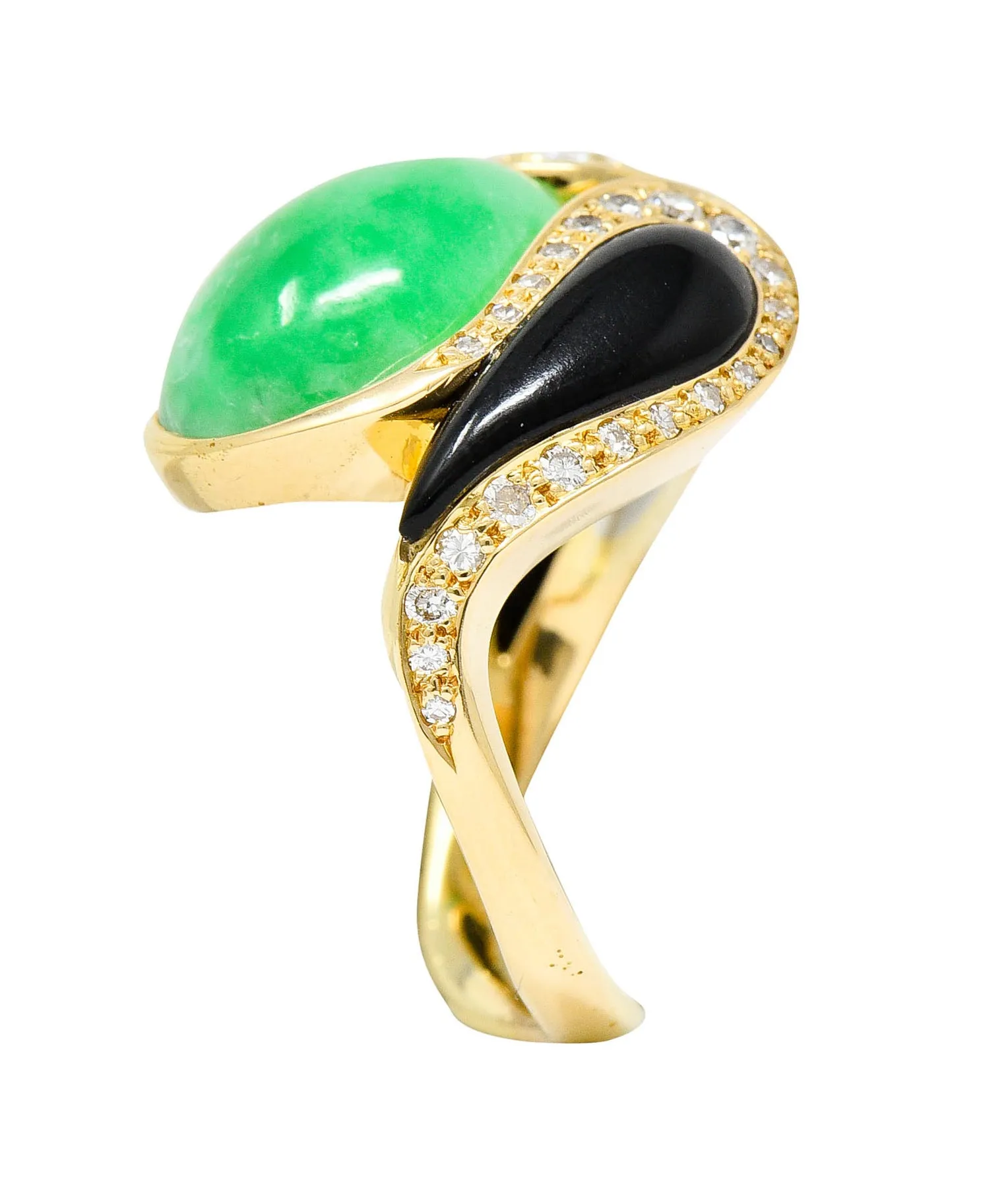 1980's Vintage Jade Onyx Diamond 18 Karat Two-Tone Gold Bypass Ring