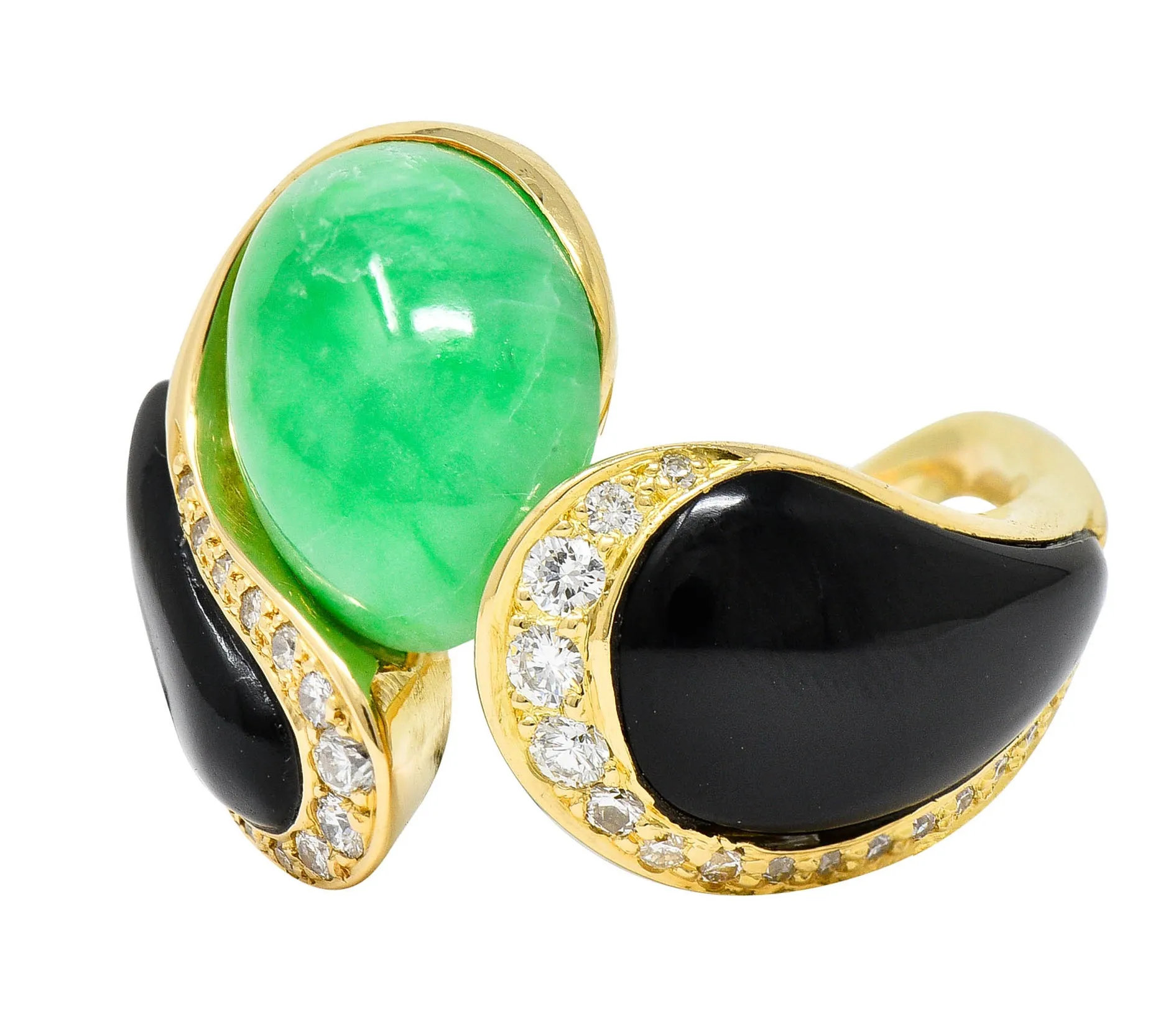 1980's Vintage Jade Onyx Diamond 18 Karat Two-Tone Gold Bypass Ring