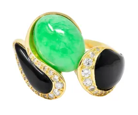 1980's Vintage Jade Onyx Diamond 18 Karat Two-Tone Gold Bypass Ring