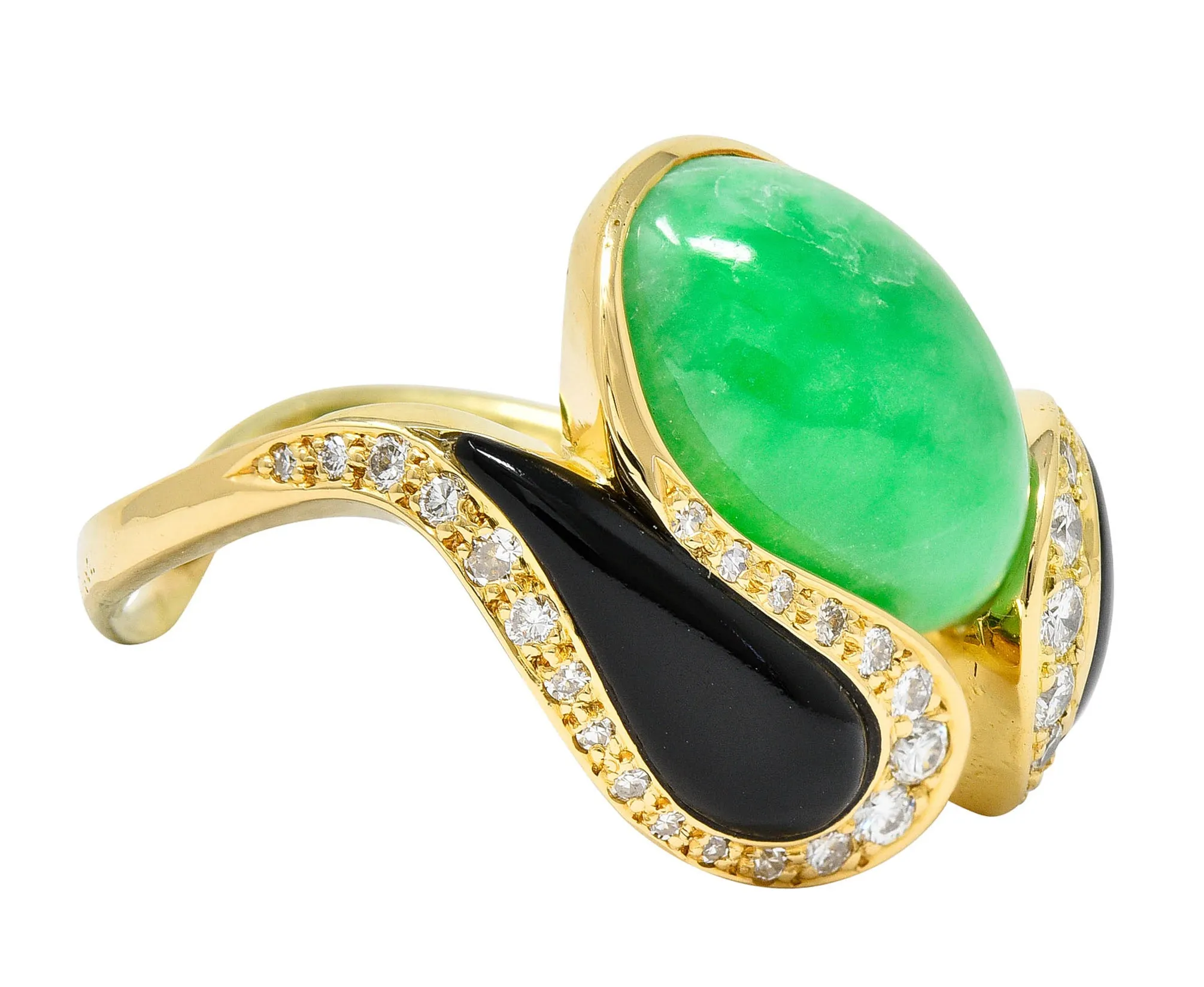 1980's Vintage Jade Onyx Diamond 18 Karat Two-Tone Gold Bypass Ring