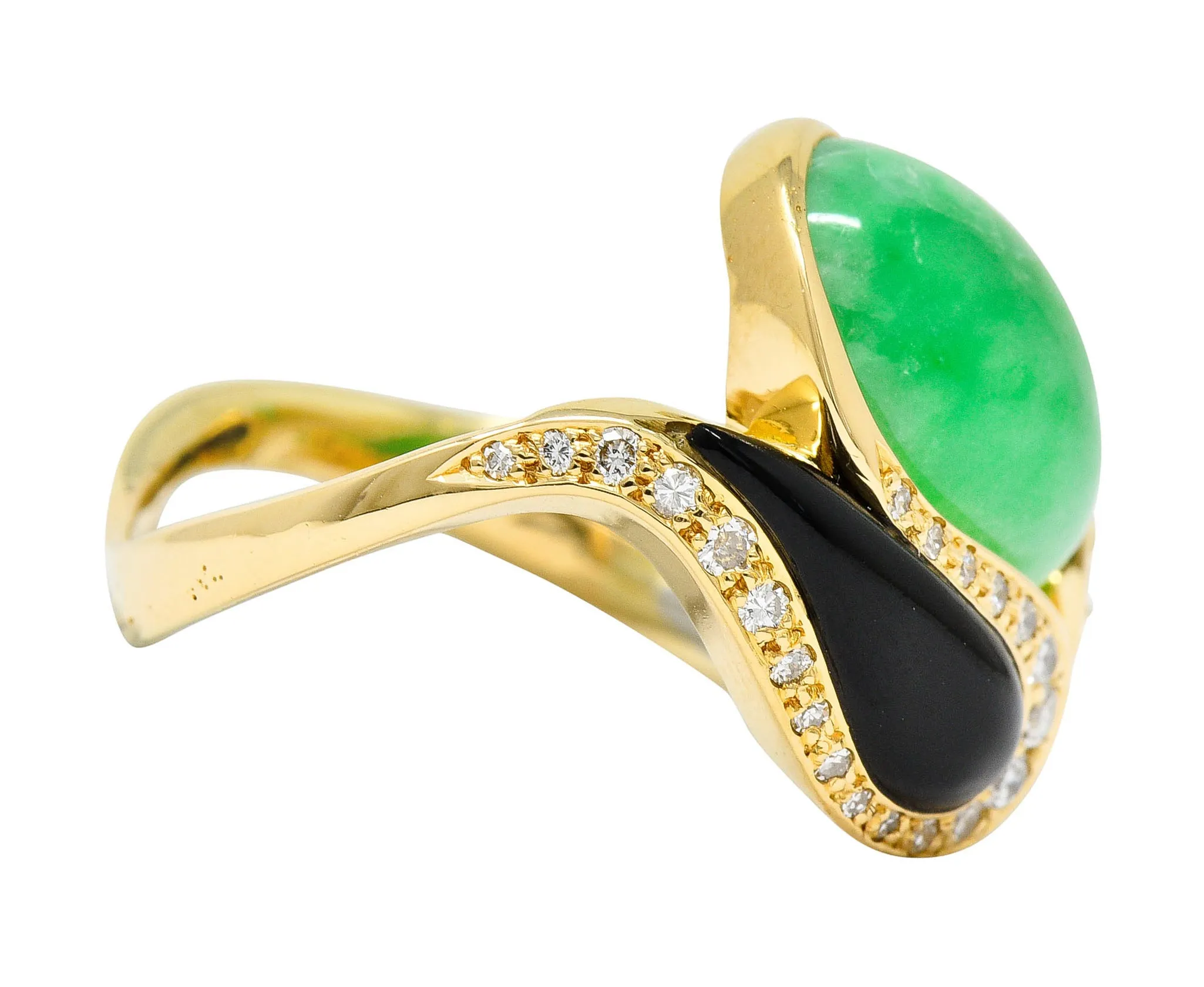 1980's Vintage Jade Onyx Diamond 18 Karat Two-Tone Gold Bypass Ring