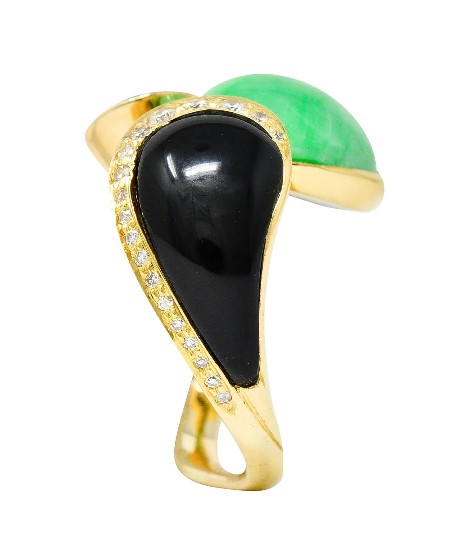 1980's Vintage Jade Onyx Diamond 18 Karat Two-Tone Gold Bypass Ring