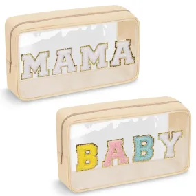 2 Pcs Chenille Letter Clear Makeup Bag Mama Baby Pouch, Mama Baby Hospital Duffle Bag Clear Diaper Bag Organizing Pouches with Zipper, Travel Baby Toiletry Bag Nylon Cosmetic for Women Girl(MAMA BABY)