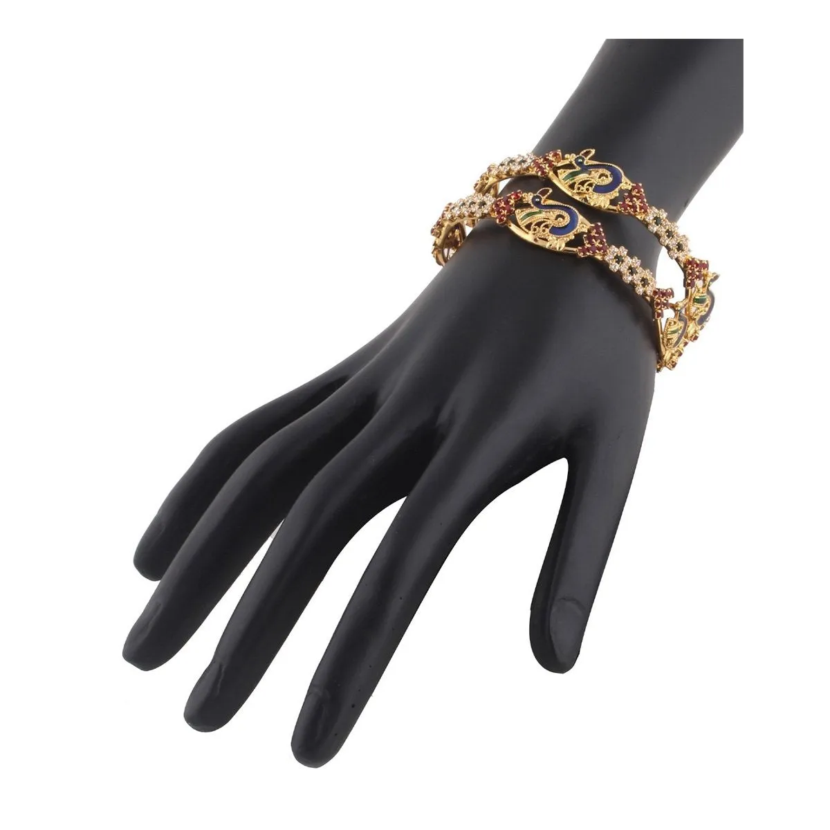 22K Gold Plated Peacock Black Maroon American Diamond Bangle Pair