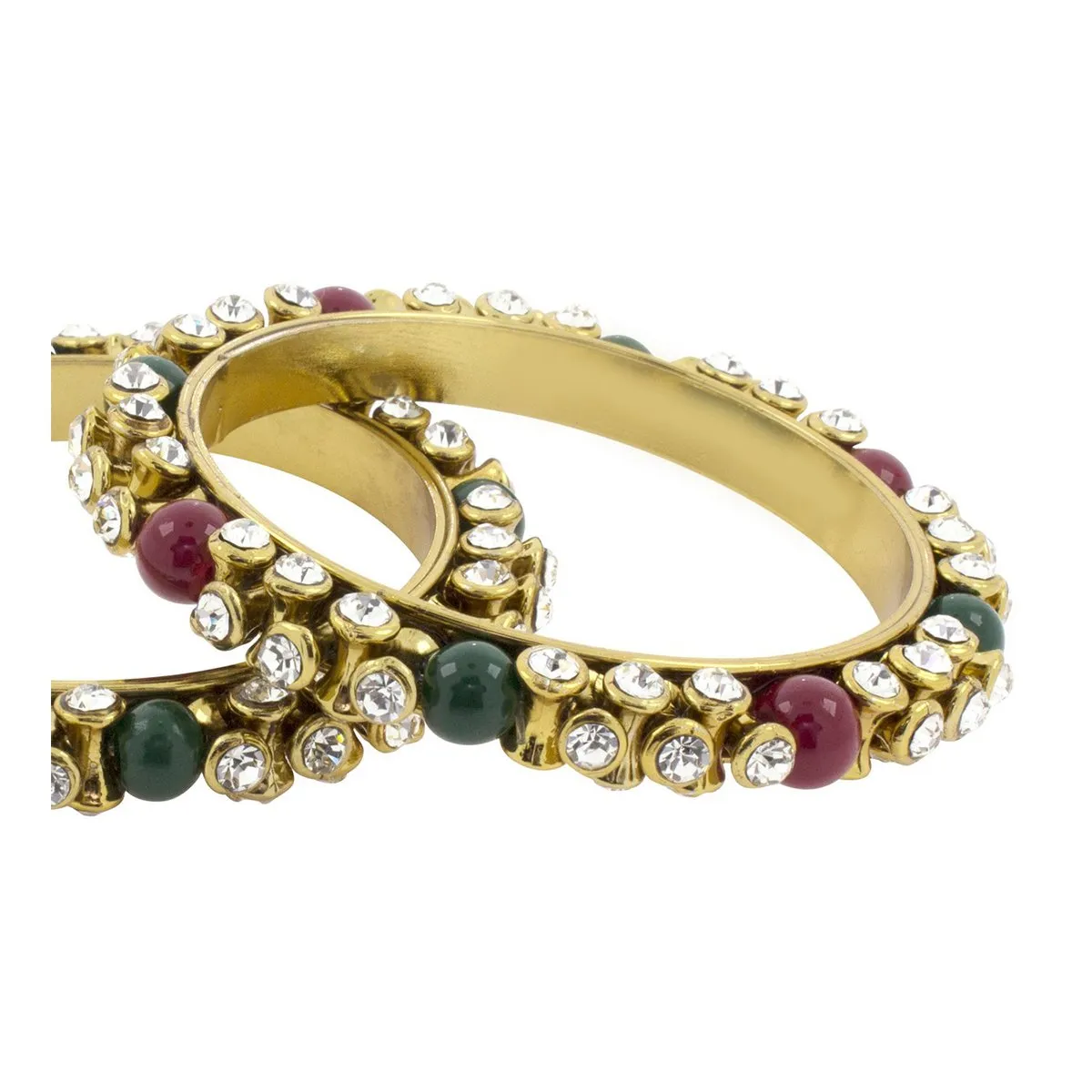 3D Antique Oxidized Gold Cz Kundan Red Green Kada Bangle Set 2 (Pair)