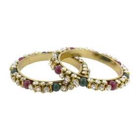 3D Antique Oxidized Gold Cz Kundan Red Green Kada Bangle Set 2 (Pair)