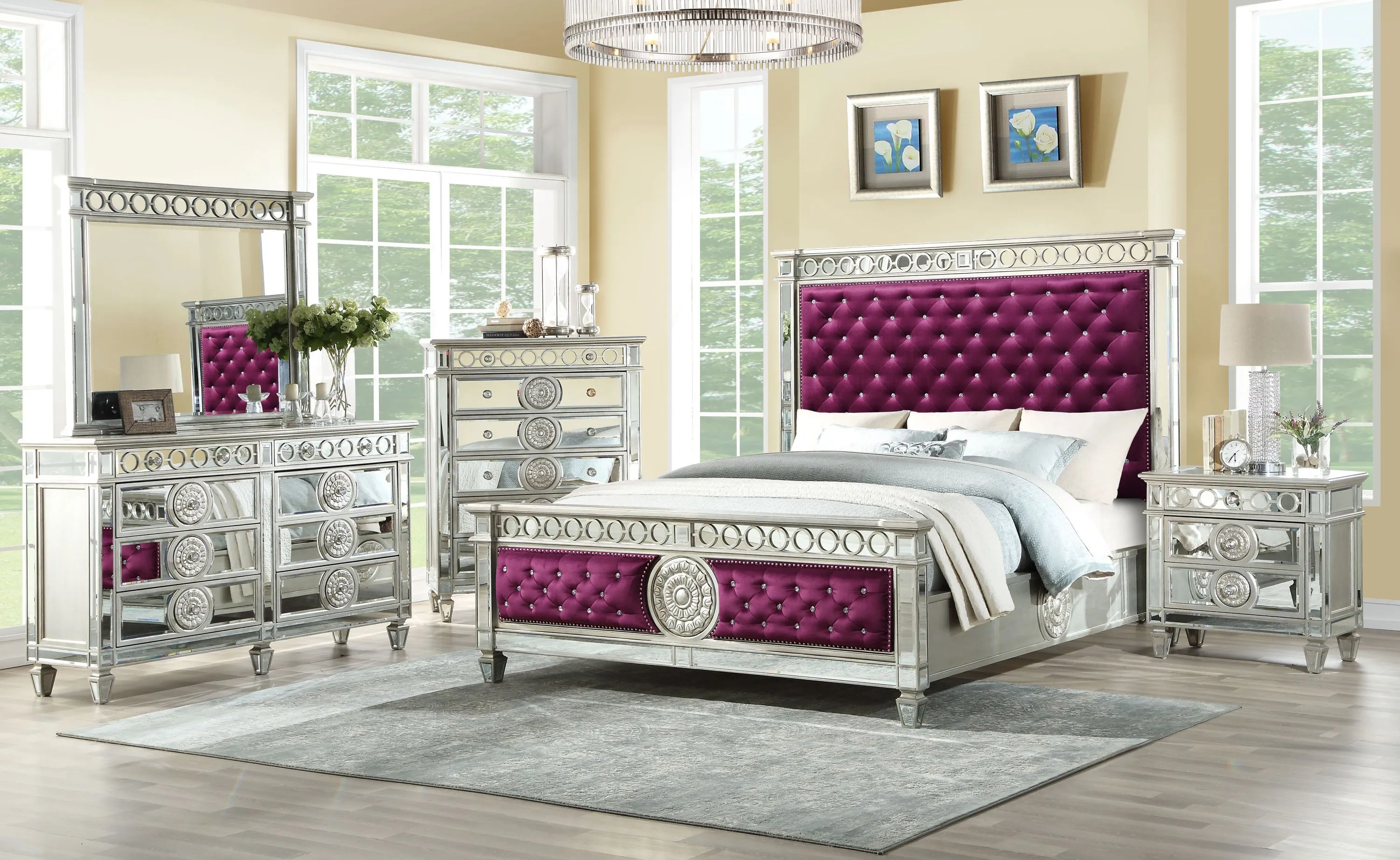 ACME Varian Queen Bed• Burgundy Velvet & Mirrored 27370Q