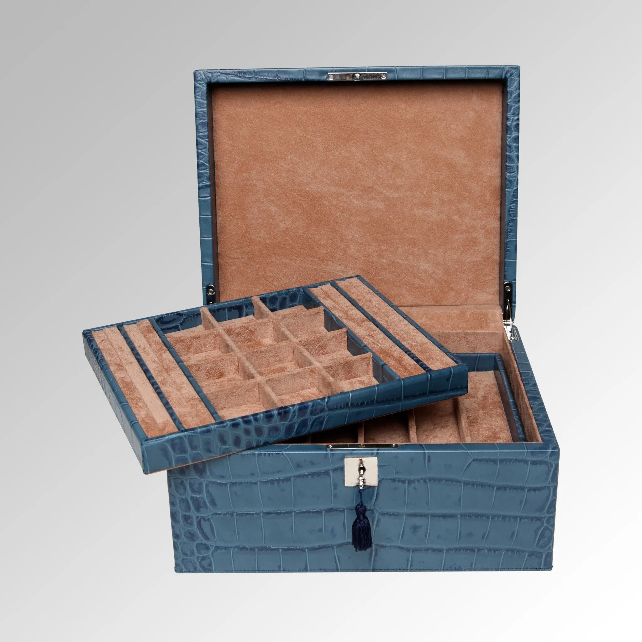 ALLIGATOR CALF LEATHER TWO TRAY JEWELRY BOX