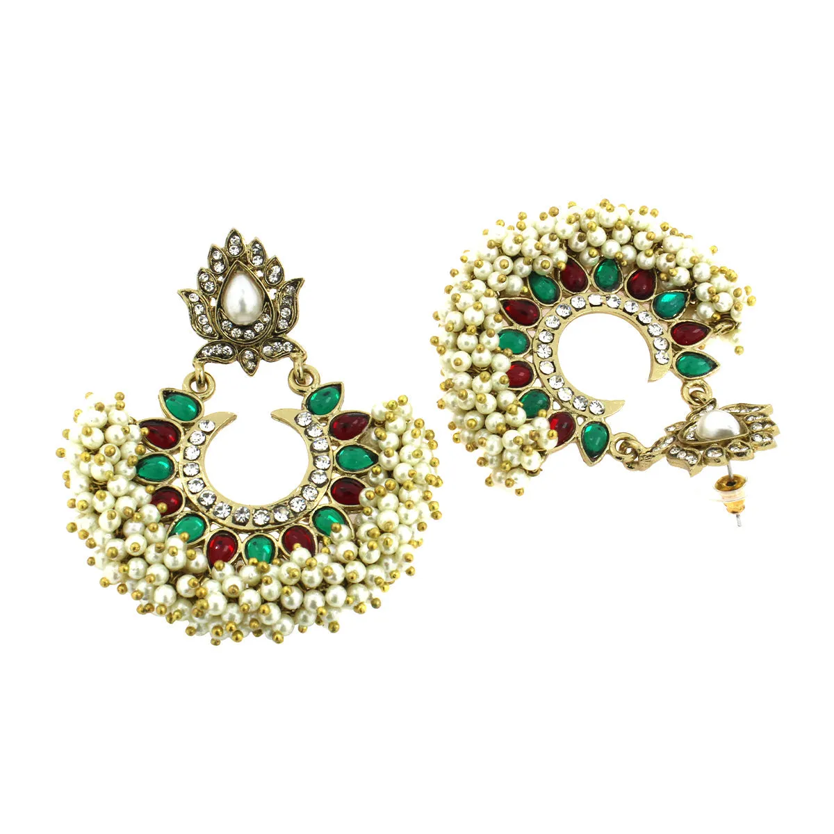 American Diamond Pearl Red Emerald Green Gold Chaand Baali Earring