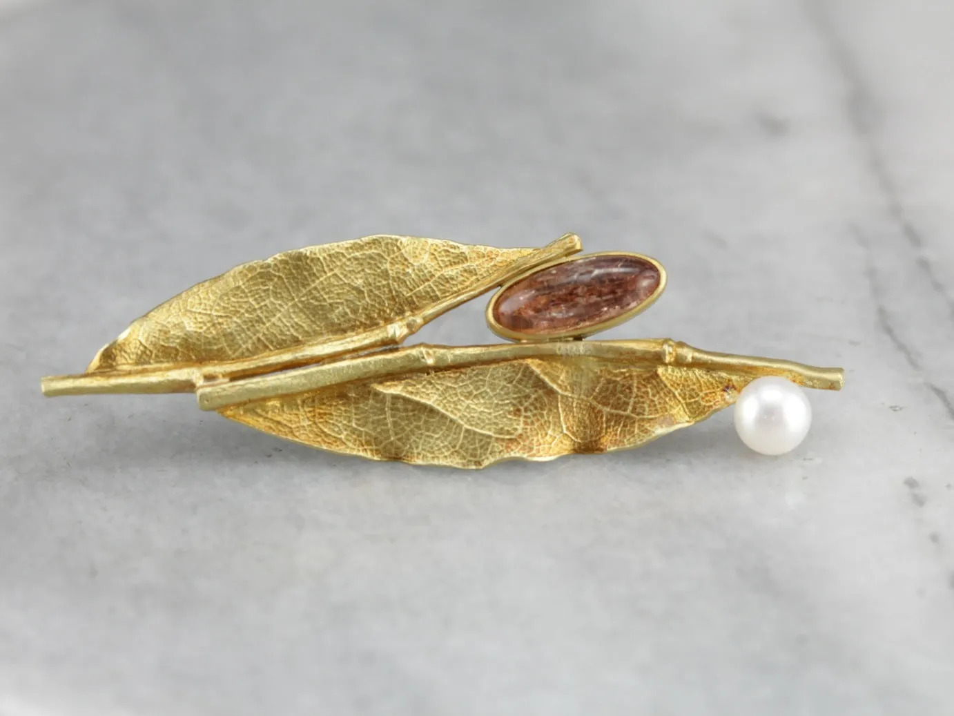 Ann Krupp Sunstone Leaf Gold Brooch