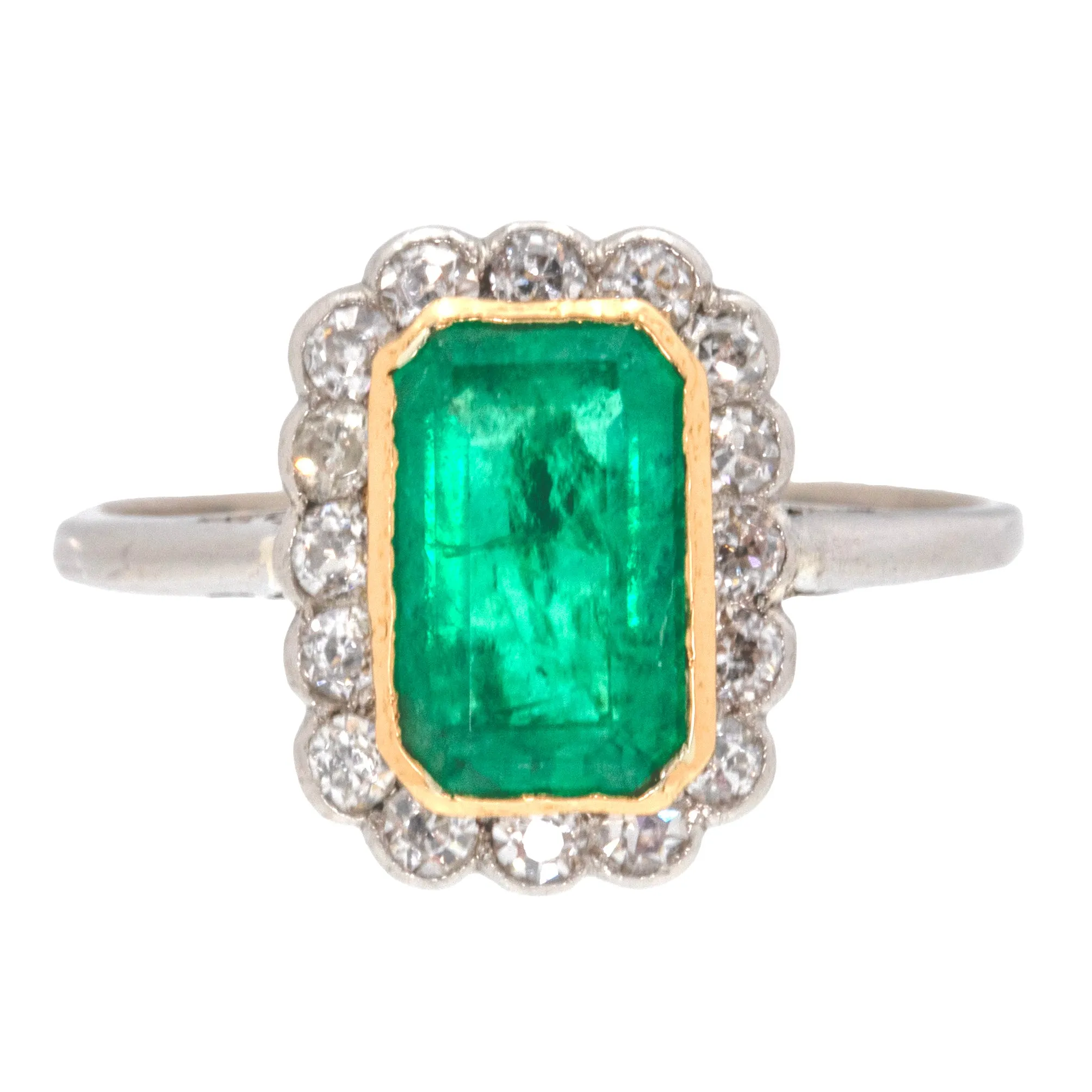 Antique 18ct Gold Emerald Diamond Cluster Ring, 1.16ct Natural Emerald