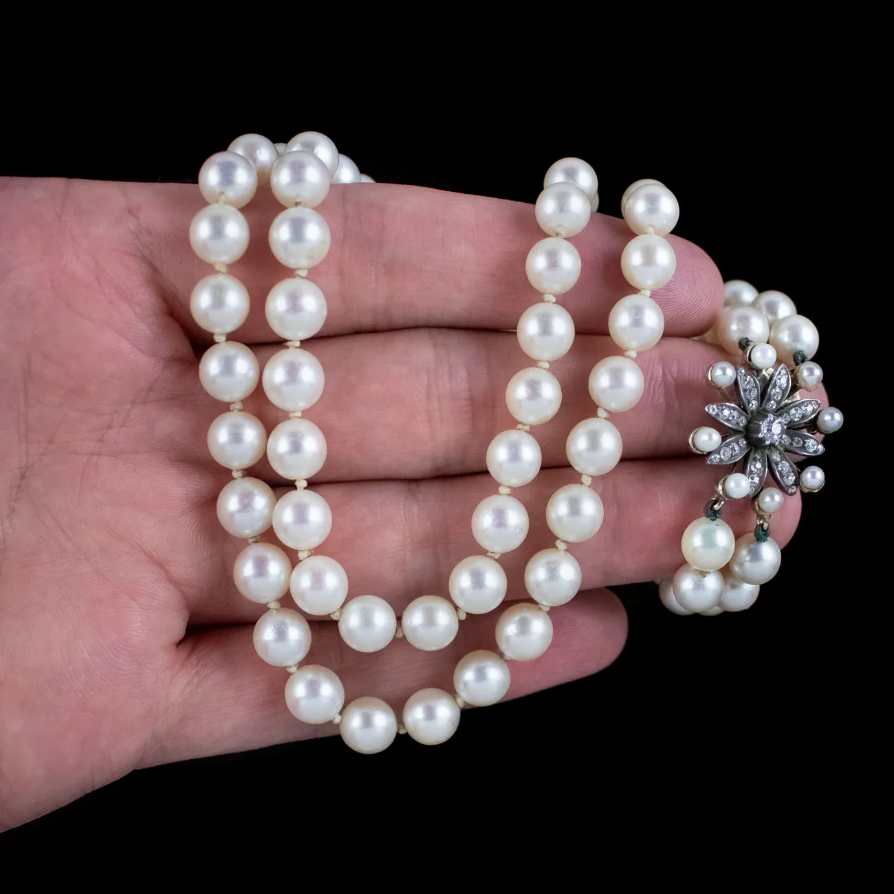 Antique Edwardian Double Strand Pearl Necklace Diamond Clasp