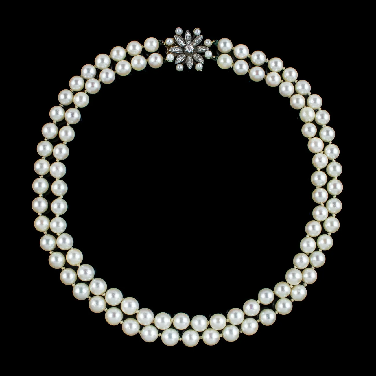 Antique Edwardian Double Strand Pearl Necklace Diamond Clasp