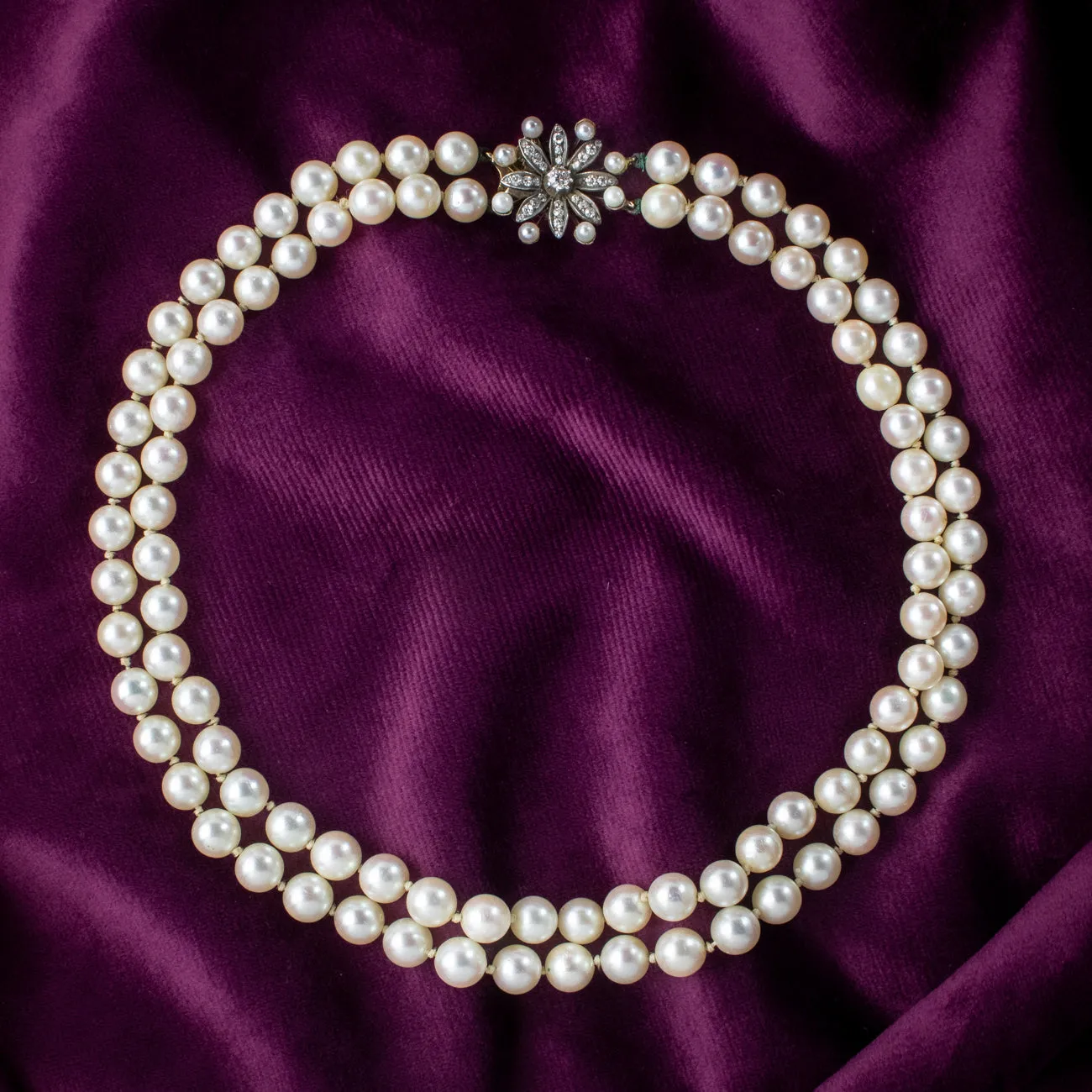 Antique Edwardian Double Strand Pearl Necklace Diamond Clasp