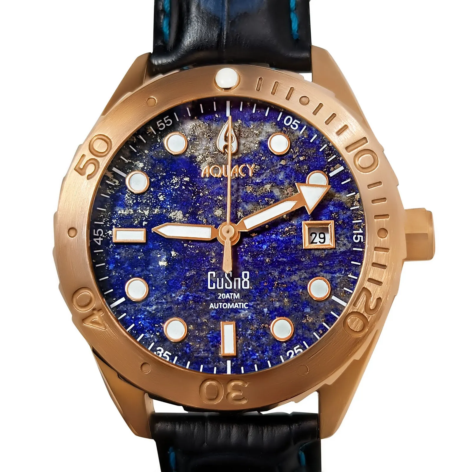 Aquacy Bronze CuSn8 Men's Lapis Lazuli Watch Automatic with Leather  200M