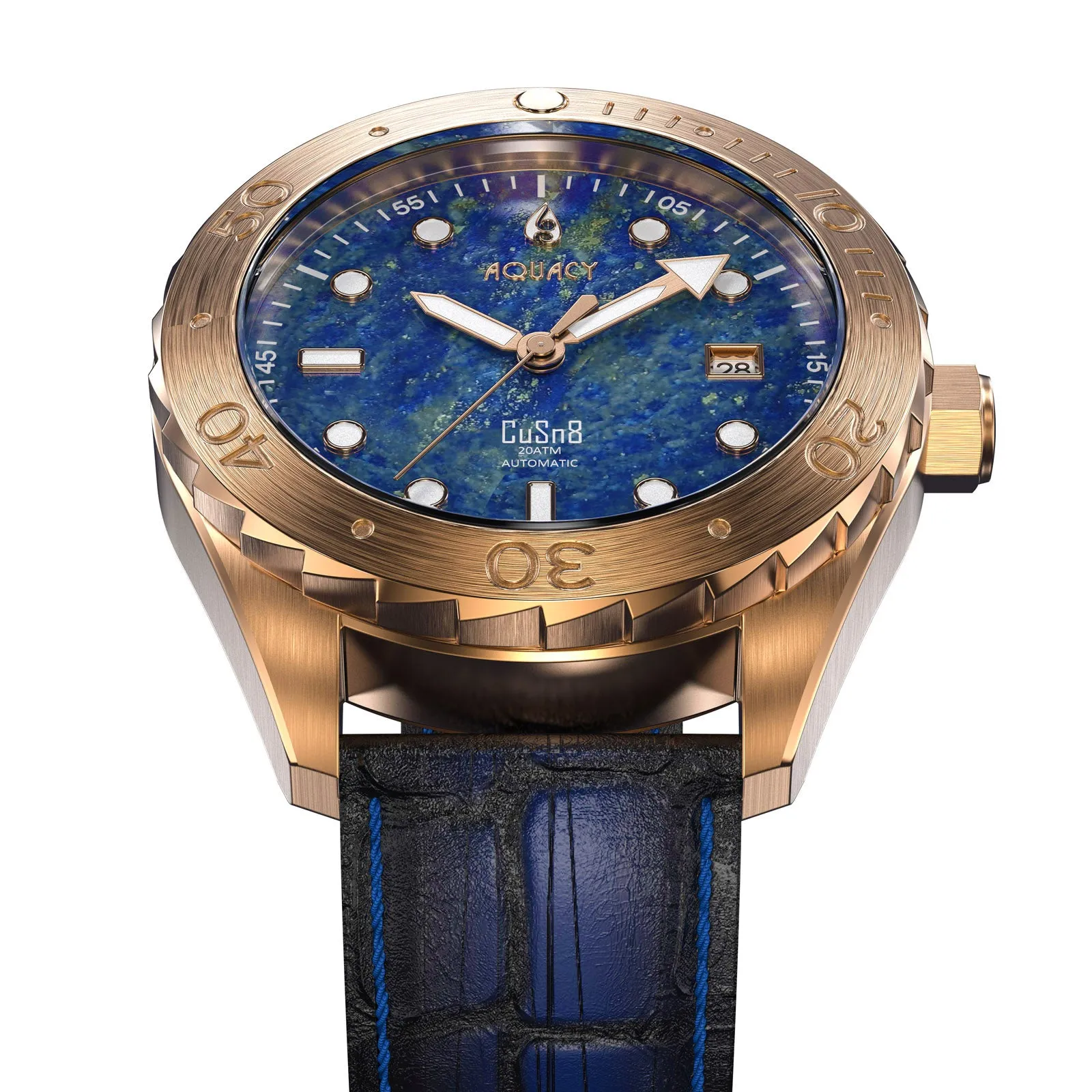 Aquacy Bronze CuSn8 Men's Lapis Lazuli Watch Automatic with Leather  200M