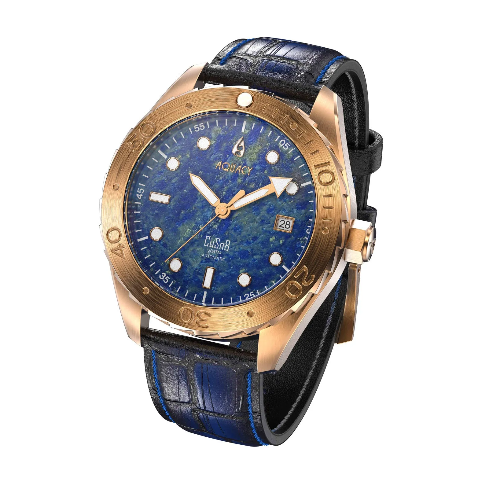 Aquacy Bronze CuSn8 Men's Lapis Lazuli Watch Automatic with Leather  200M