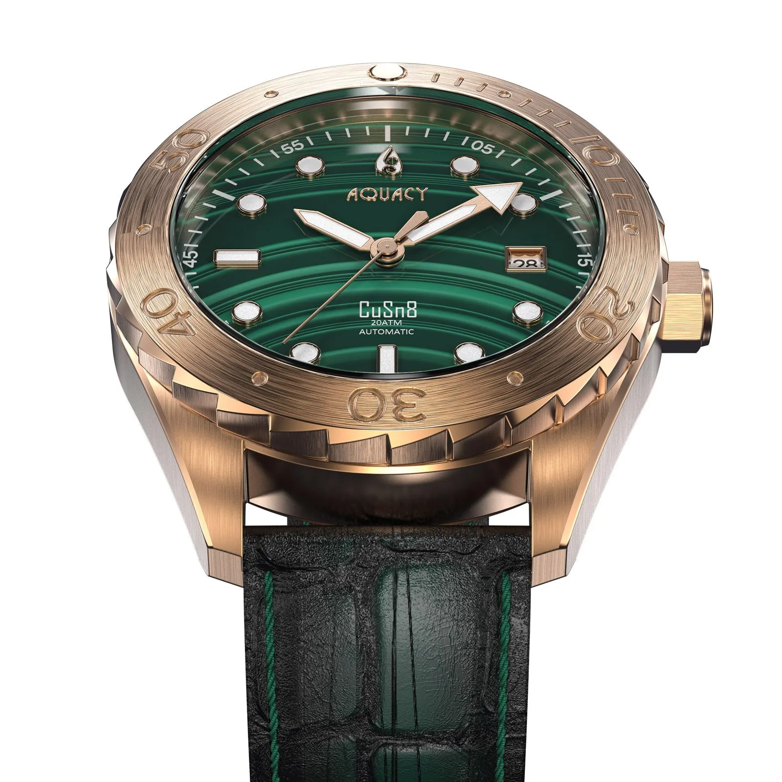 Aquacy Bronze CuSn8 Men's Malachite Watch Automatic with Leather  200M