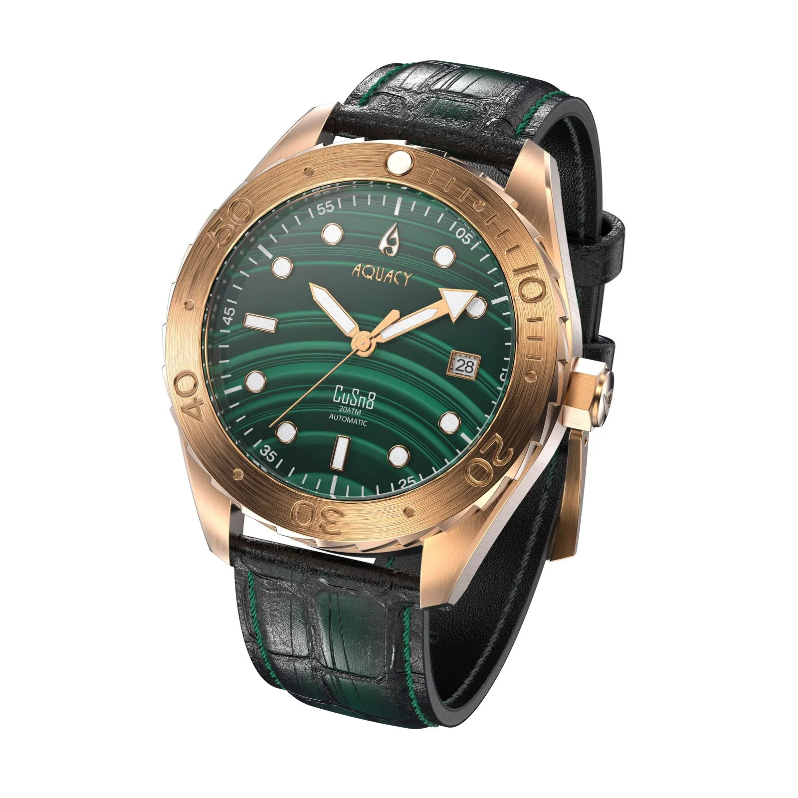 Aquacy Bronze CuSn8 Men's Malachite Watch Automatic with Leather  200M