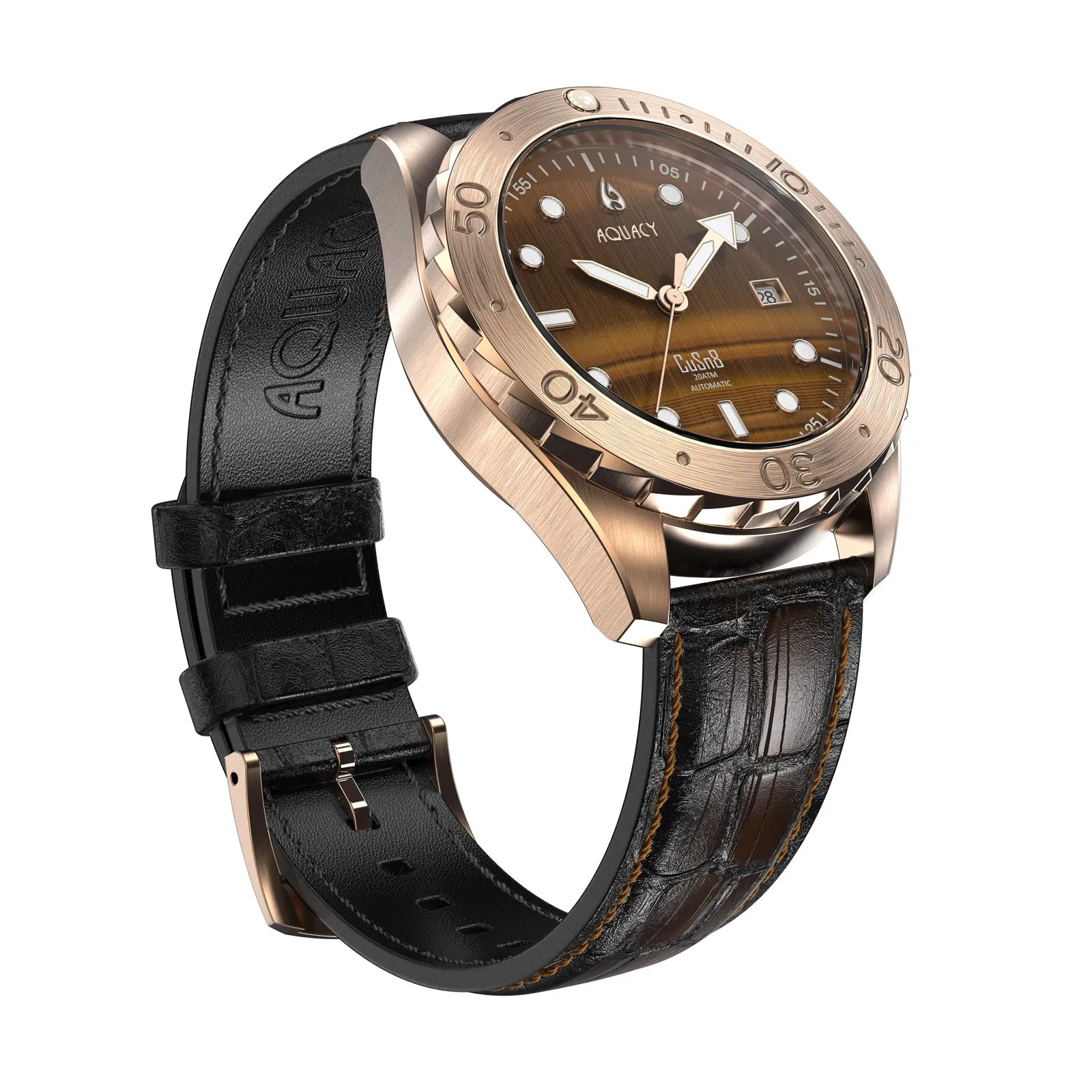 Aquacy Bronze CuSn8 Men's Tigers Eye Watch Automatic with Leather  200M