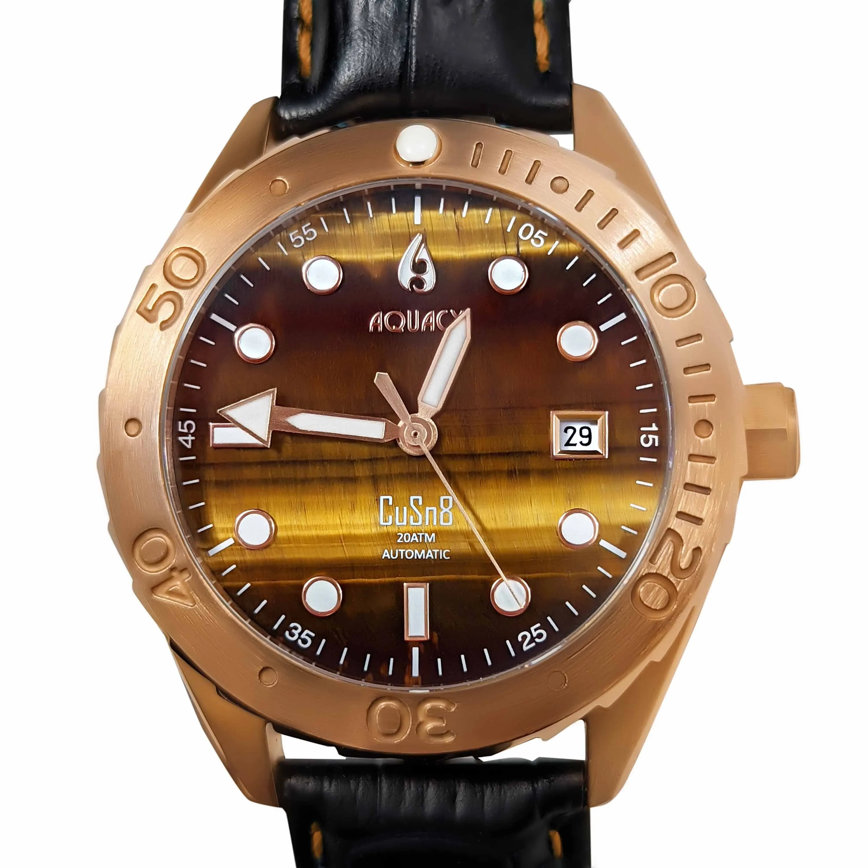 Aquacy Bronze CuSn8 Men's Tigers Eye Watch Automatic with Leather  200M