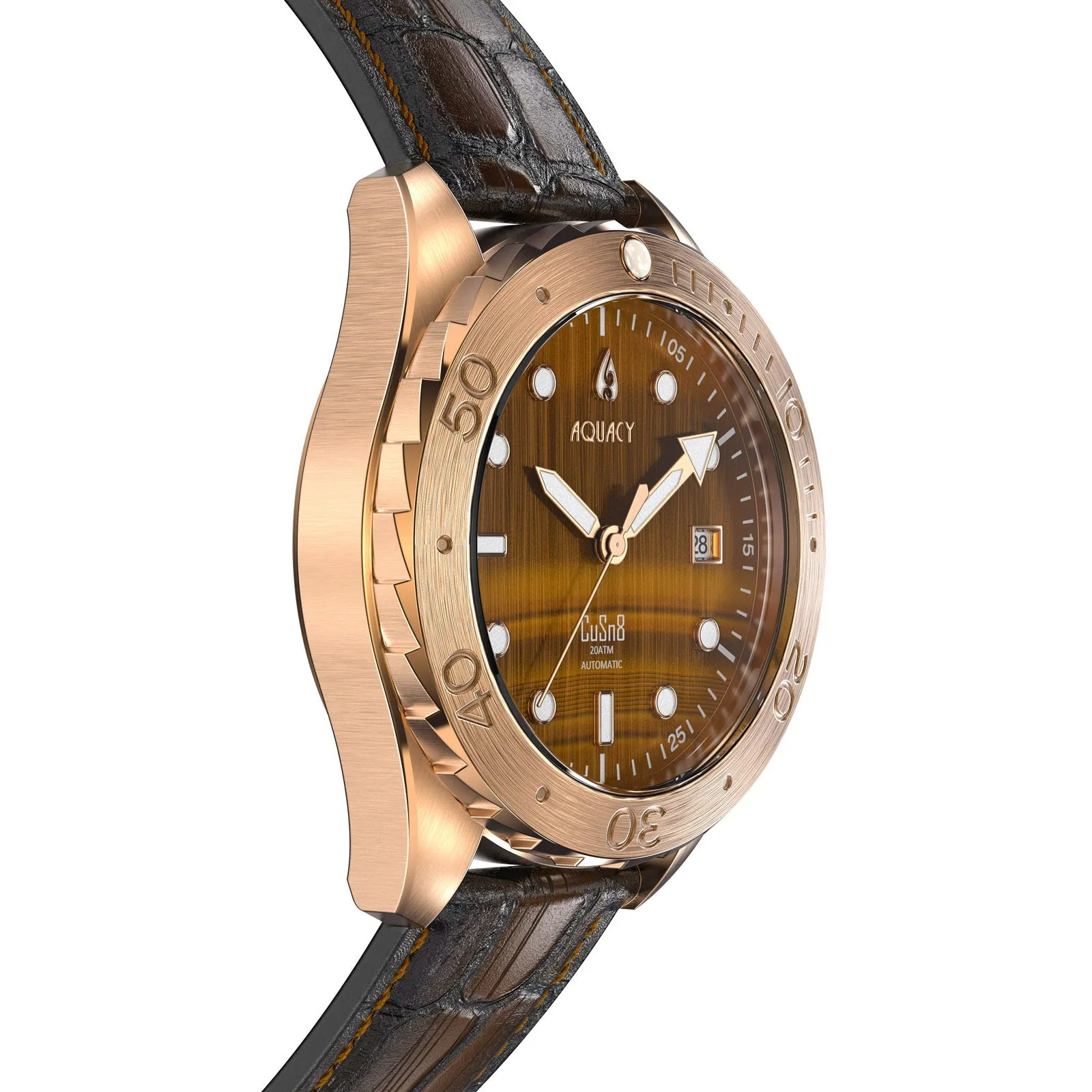 Aquacy Bronze CuSn8 Men's Tigers Eye Watch Automatic with Leather  200M