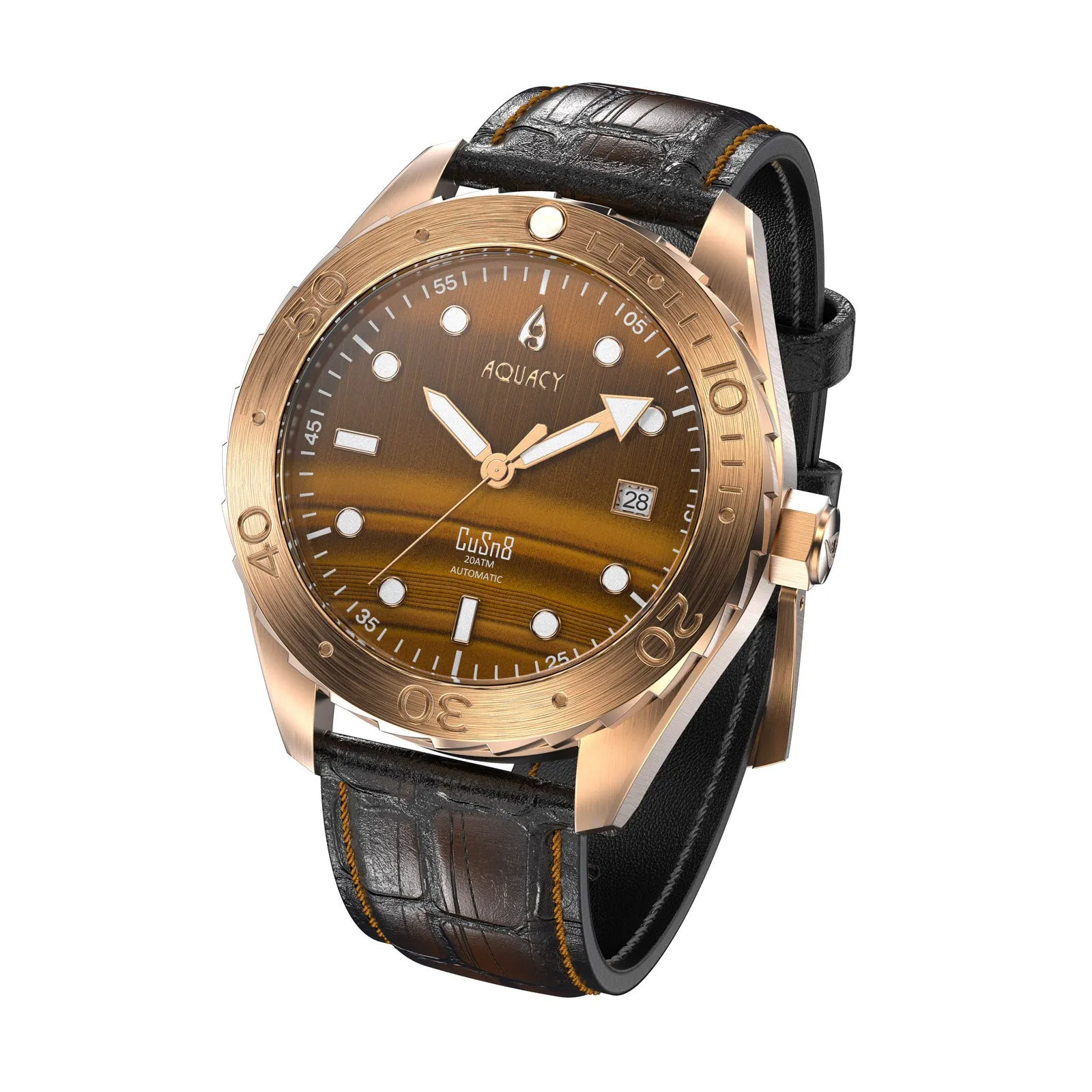 Aquacy Bronze CuSn8 Men's Tigers Eye Watch Automatic with Leather  200M