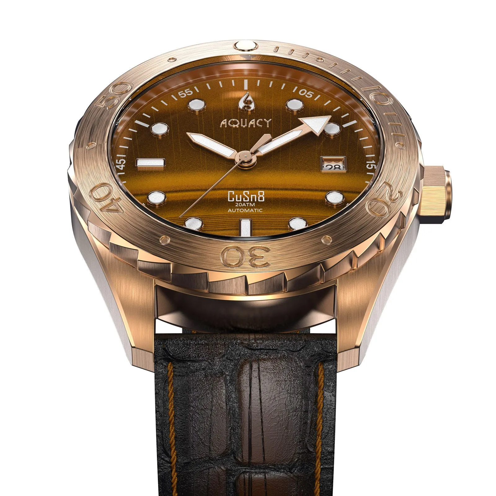 Aquacy Bronze CuSn8 Men's Tigers Eye Watch Automatic with Leather  200M