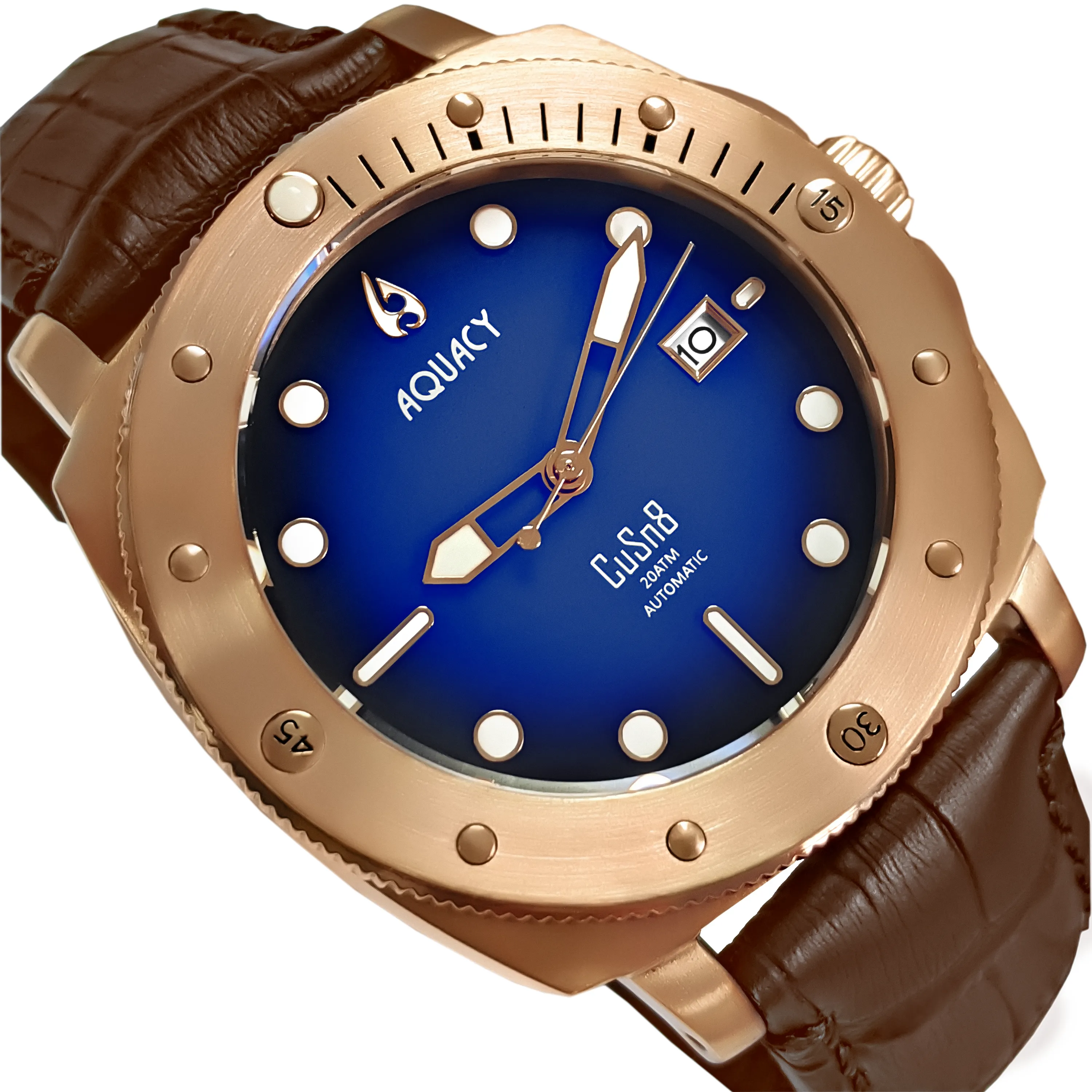 Aquacy Bronze CuSn8 Series Automatic Men's 200m Watch 44mm Black/Blue Dial Brown Strap