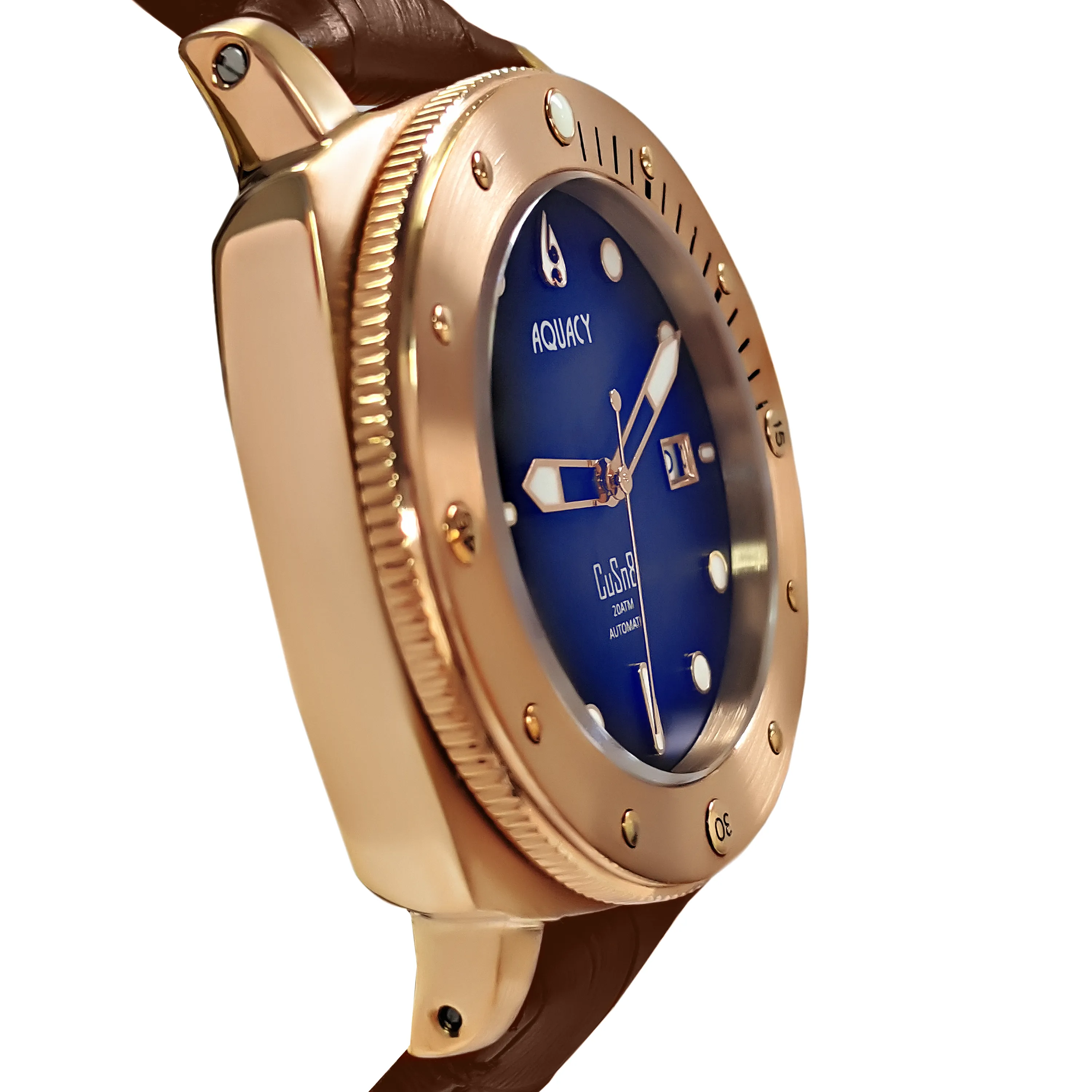 Aquacy Bronze CuSn8 Series Automatic Men's 200m Watch 44mm Black/Blue Dial Brown Strap