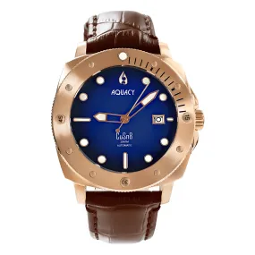 Aquacy Bronze CuSn8 Series Automatic Men's 200m Watch 44mm Black/Blue Dial Brown Strap