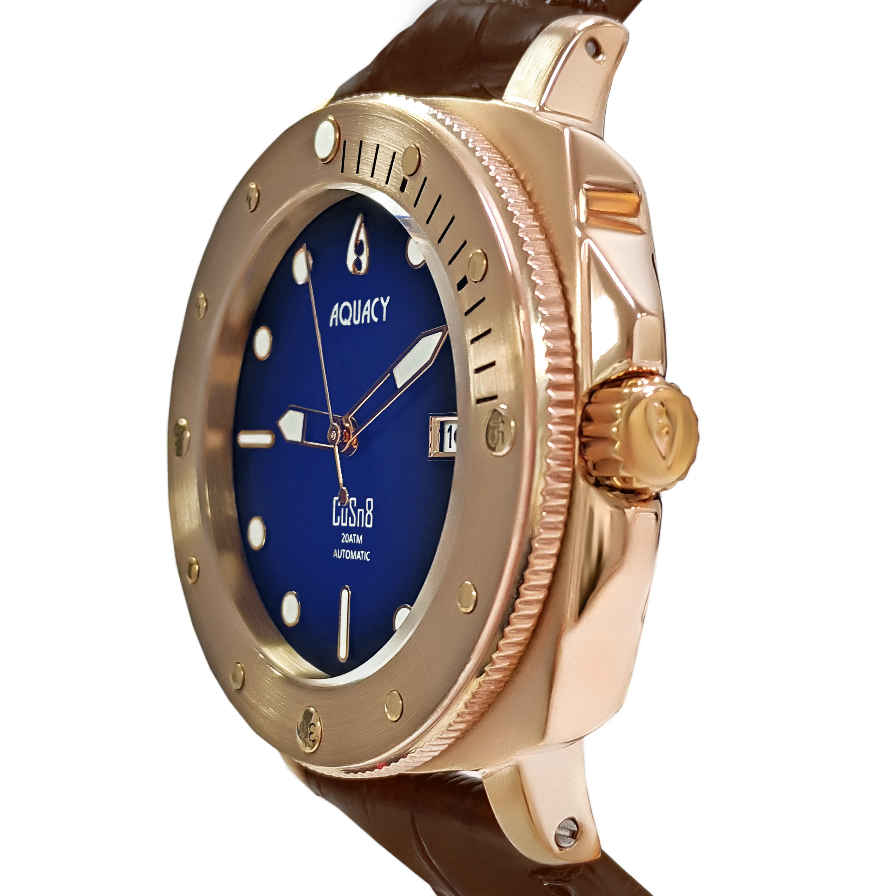 Aquacy Bronze CuSn8 Series Automatic Men's 200m Watch 44mm Black/Blue Dial Brown Strap