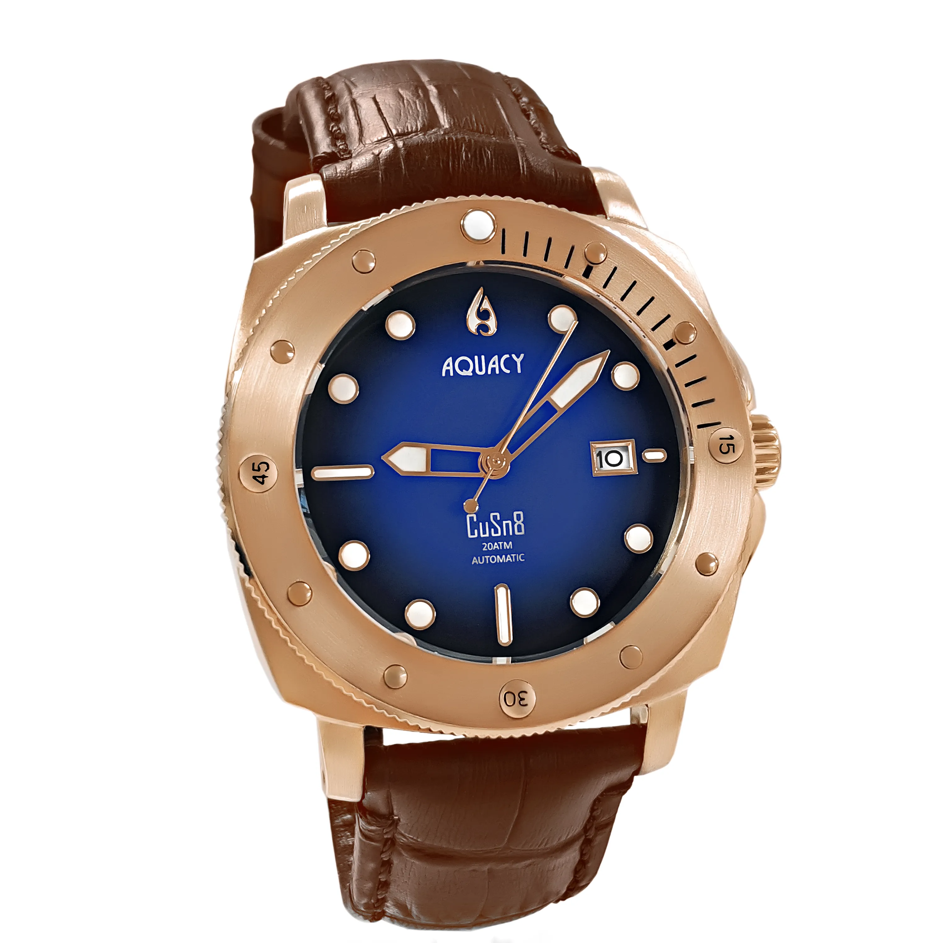 Aquacy Bronze CuSn8 Series Automatic Men's 200m Watch 44mm Black/Blue Dial Brown Strap