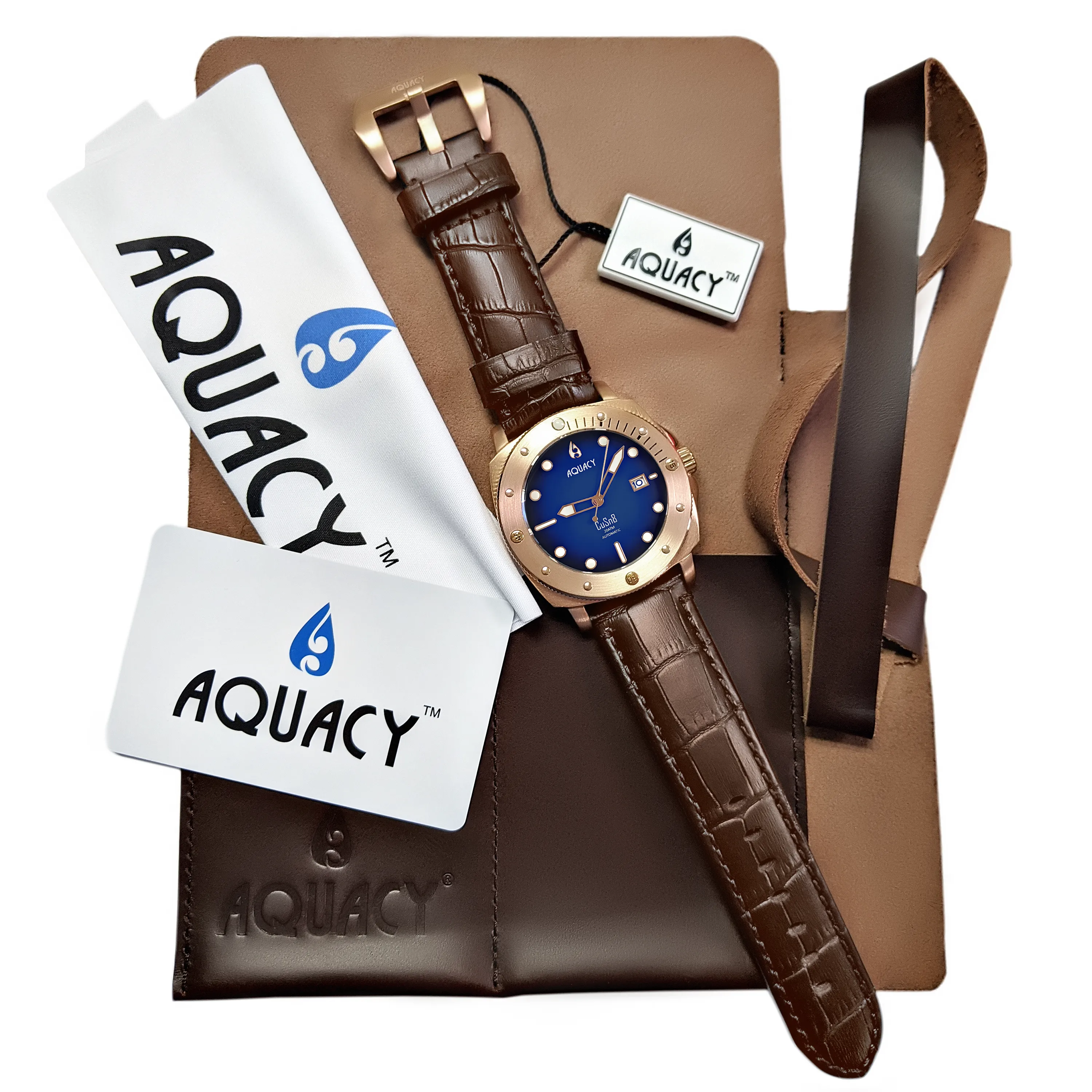 Aquacy Bronze CuSn8 Series Automatic Men's 200m Watch 44mm Black/Blue Dial Brown Strap