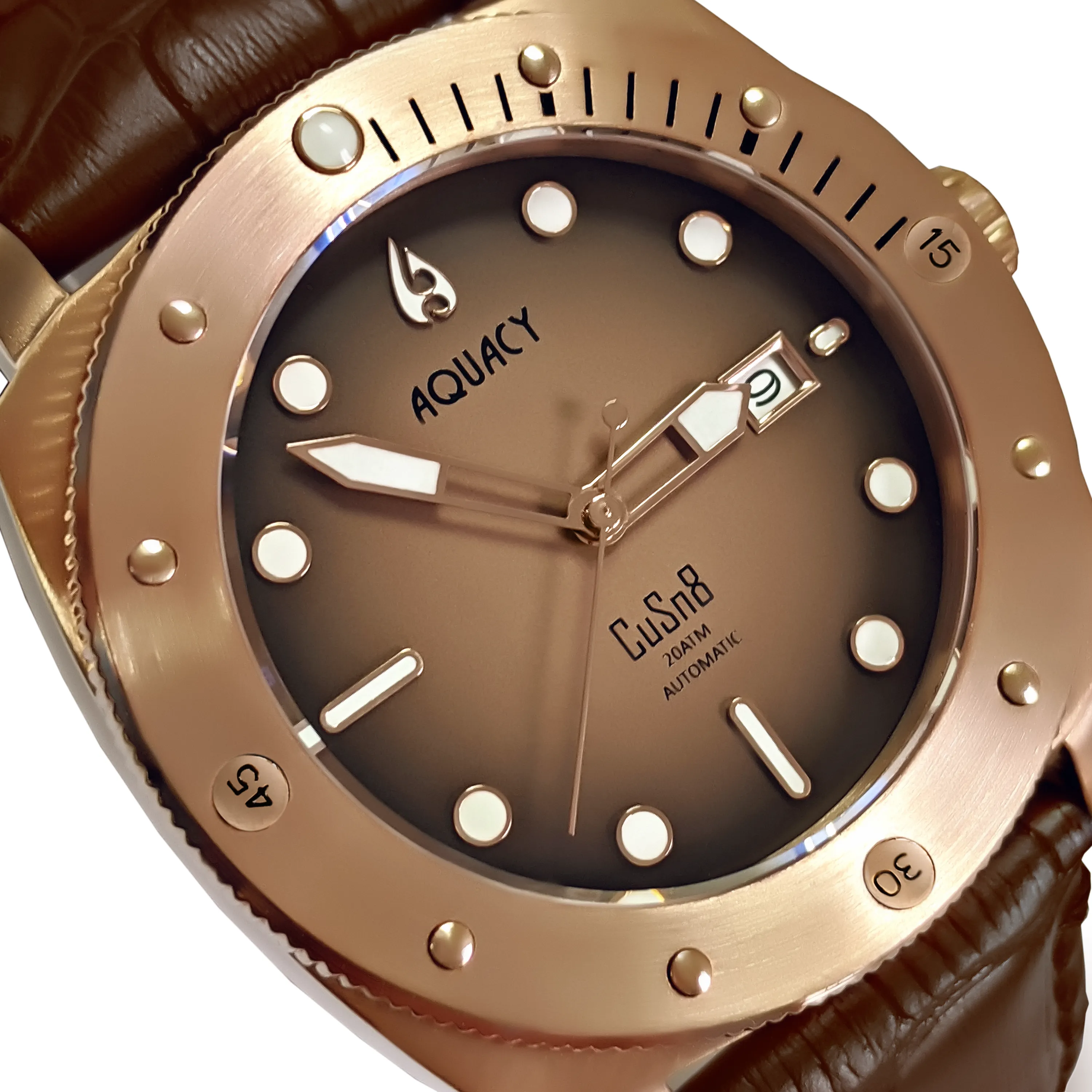 Aquacy Bronze CuSn8 Series Automatic Men's 200m Watch 44mm Black/Brown Dial Brown Strap