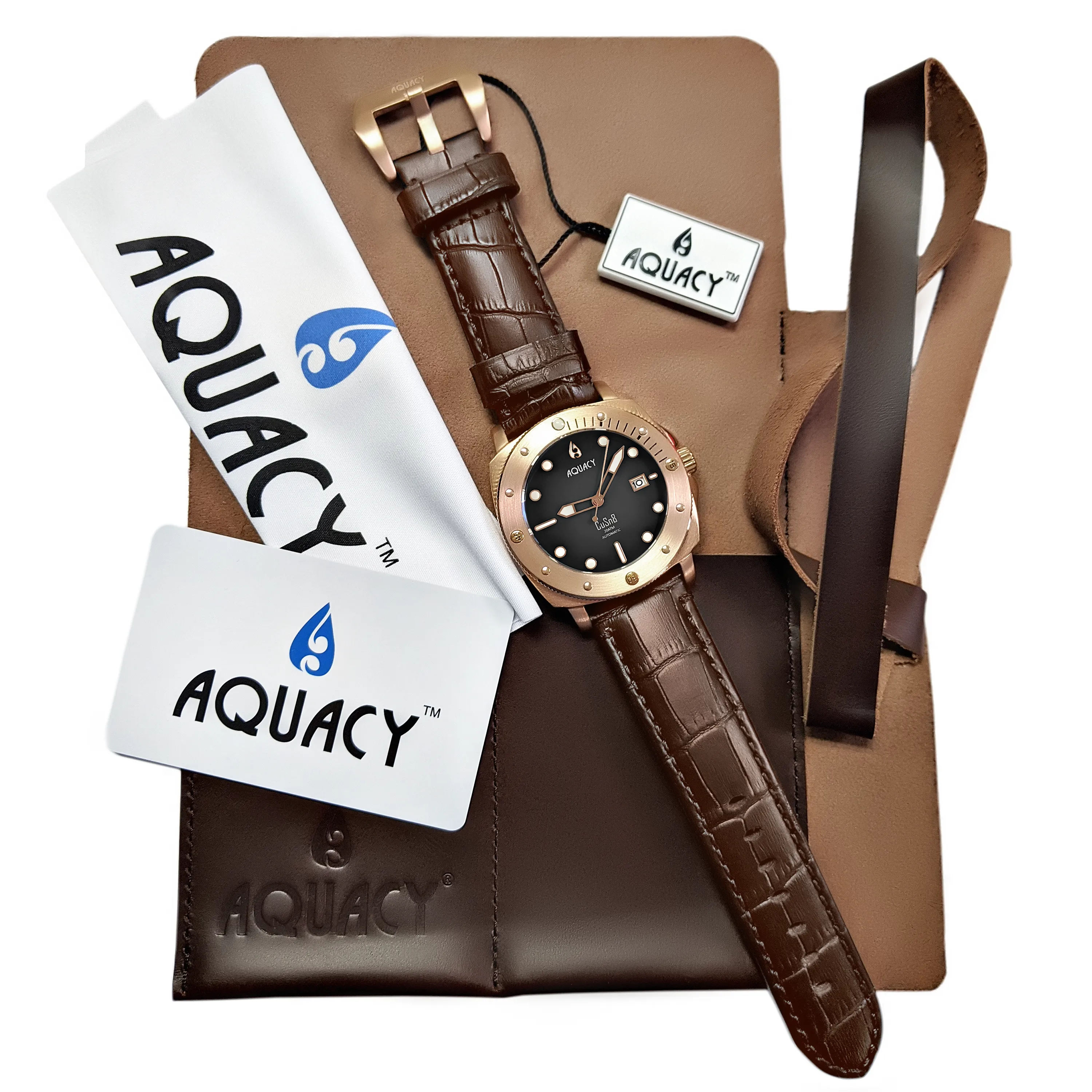 Aquacy Bronze CuSn8 Series Automatic Men's 200m Watch 44mm Black/Gray Dial Brown Strap