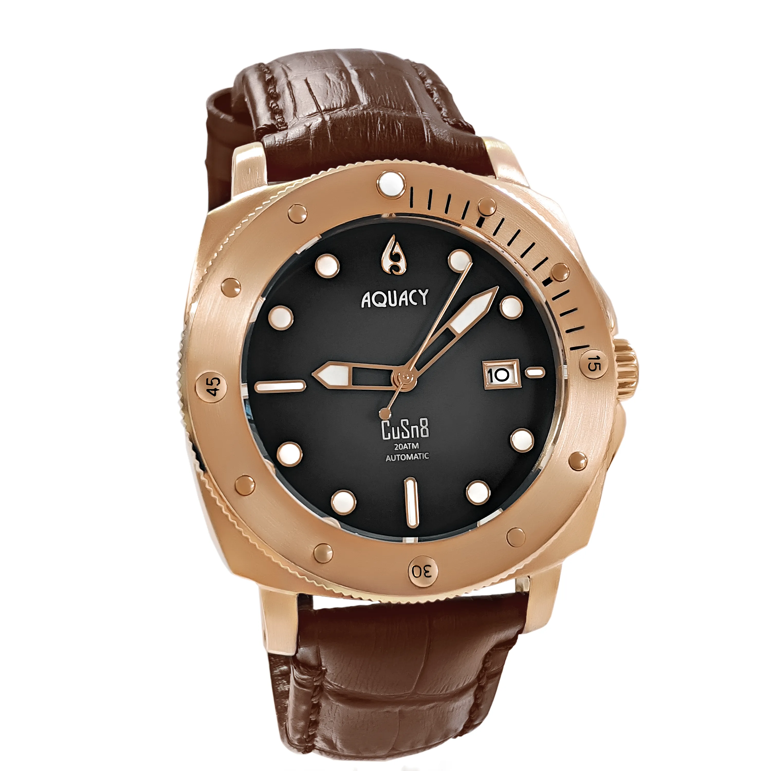 Aquacy Bronze CuSn8 Series Automatic Men's 200m Watch 44mm Black/Gray Dial Brown Strap