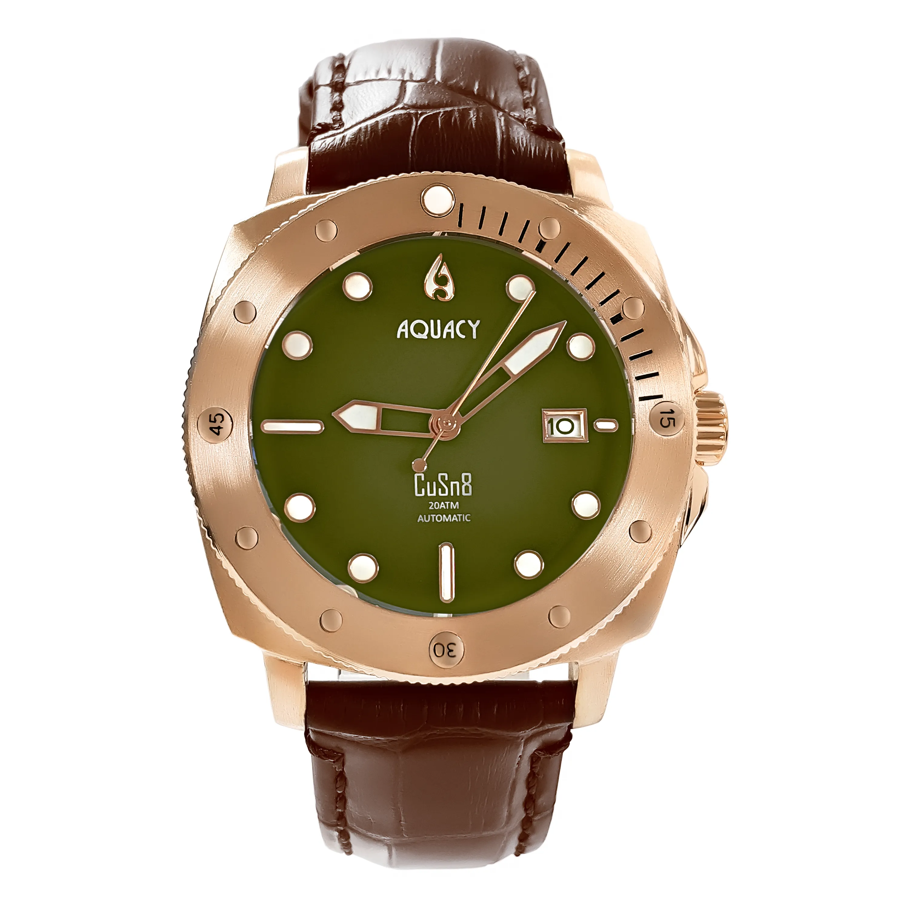 Aquacy Bronze CuSn8 Series Automatic Men's 200m Watch 44mm Olive Drab Green Dial Brown Strap